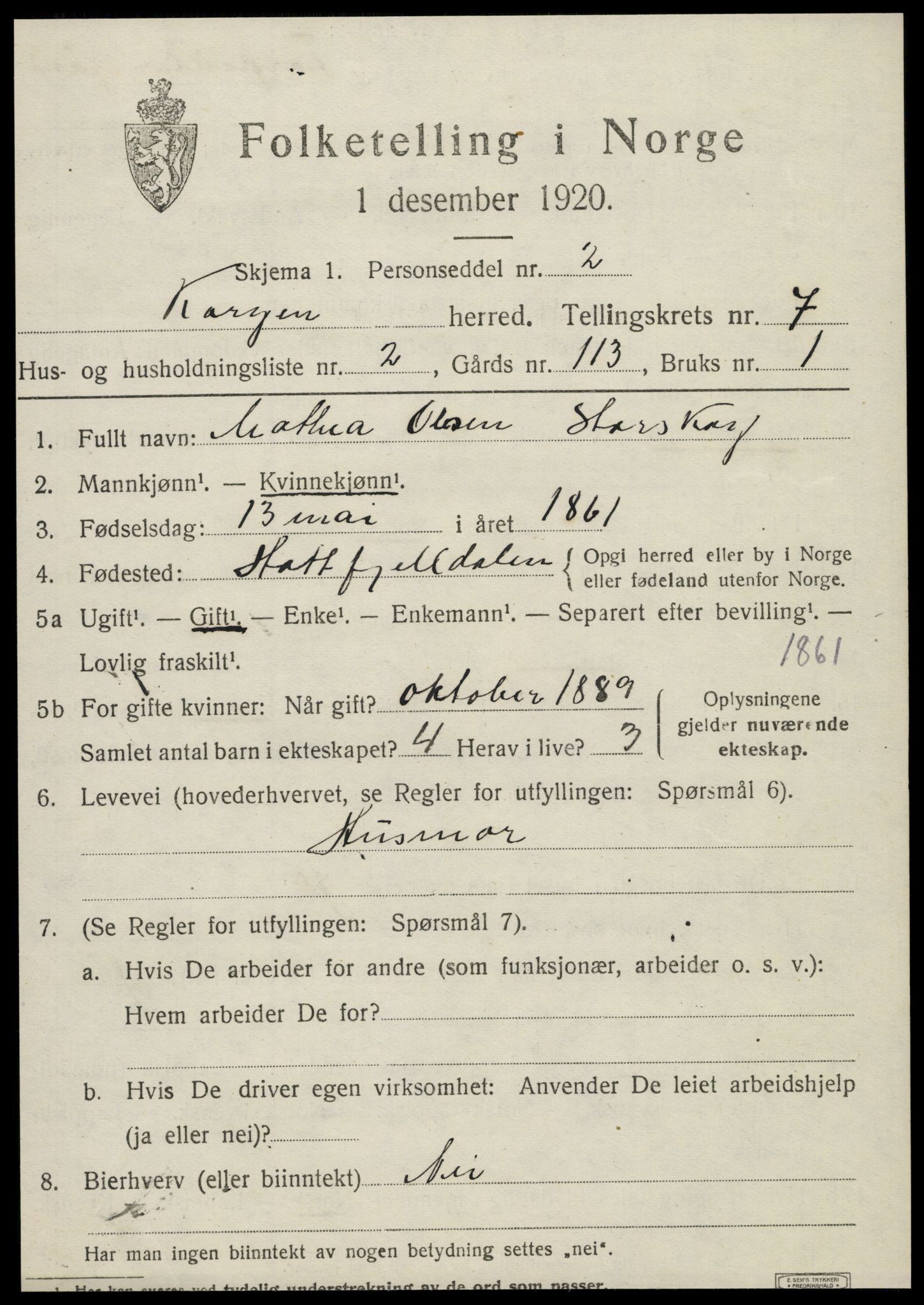 SAT, 1920 census for Korgen, 1920, p. 2792