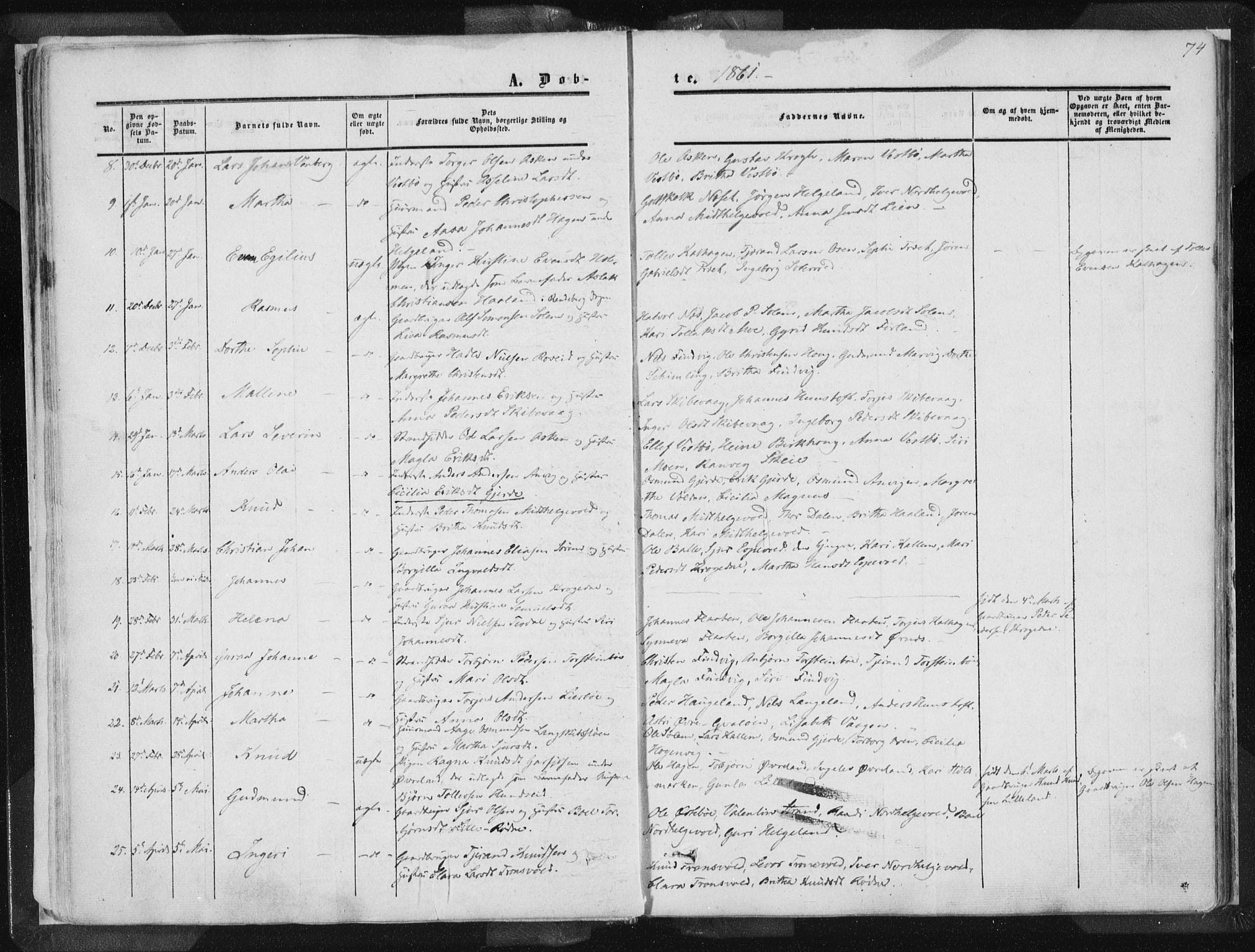 Vikedal sokneprestkontor, AV/SAST-A-101840/01/IV: Parish register (official) no. A 6.1, 1851-1867, p. 74