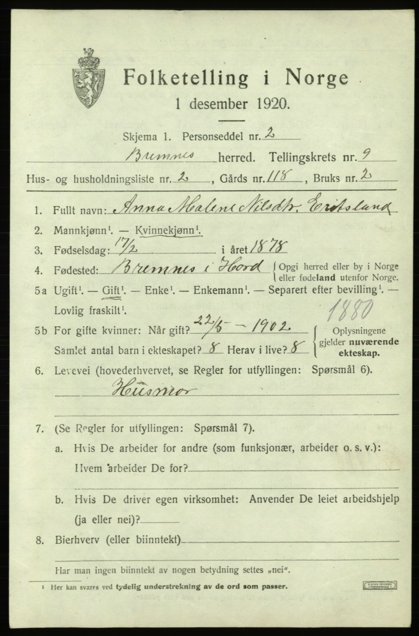 SAB, 1920 census for Bremnes, 1920, p. 6126