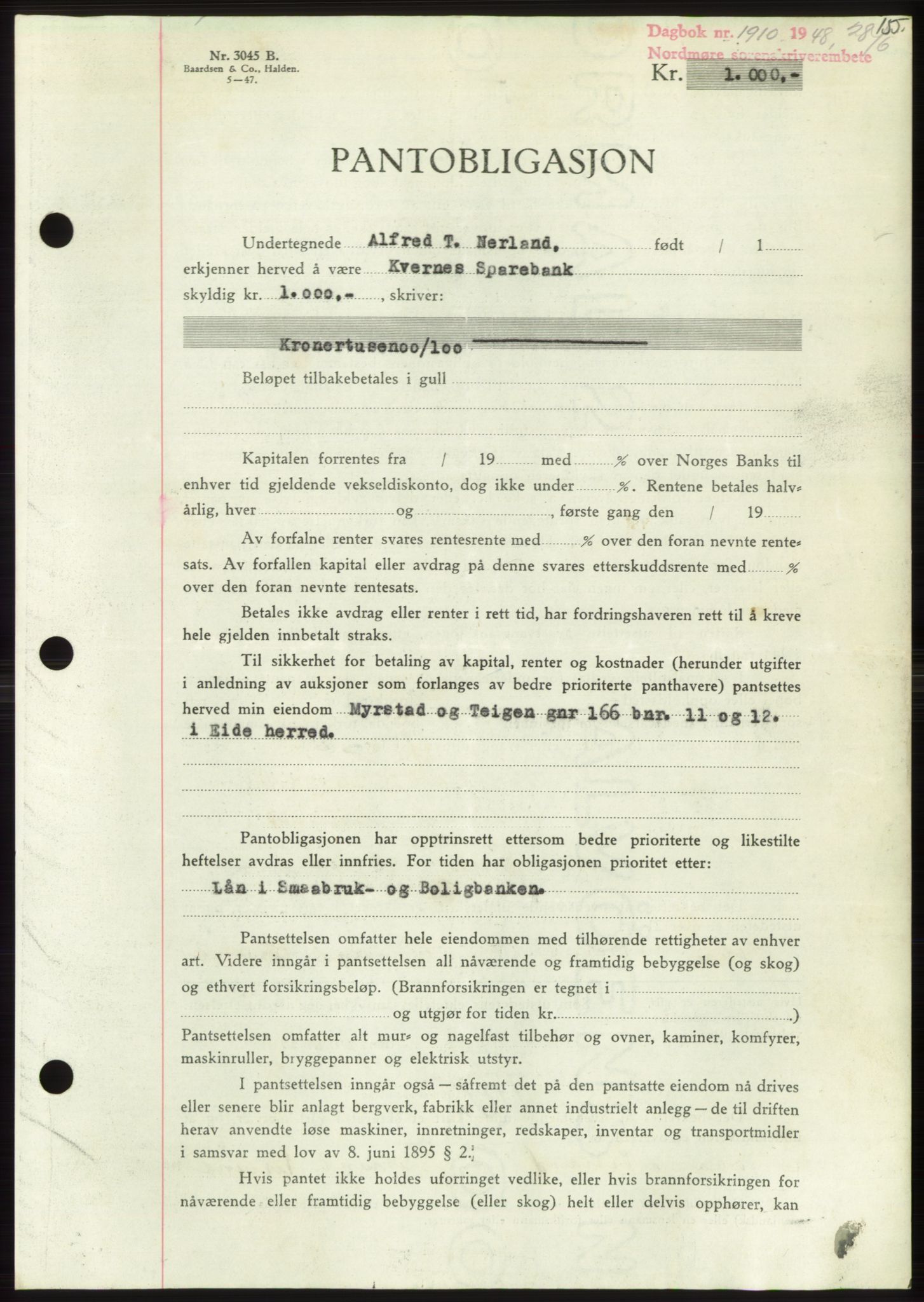 Nordmøre sorenskriveri, AV/SAT-A-4132/1/2/2Ca: Mortgage book no. B99, 1948-1948, Diary no: : 1910/1948