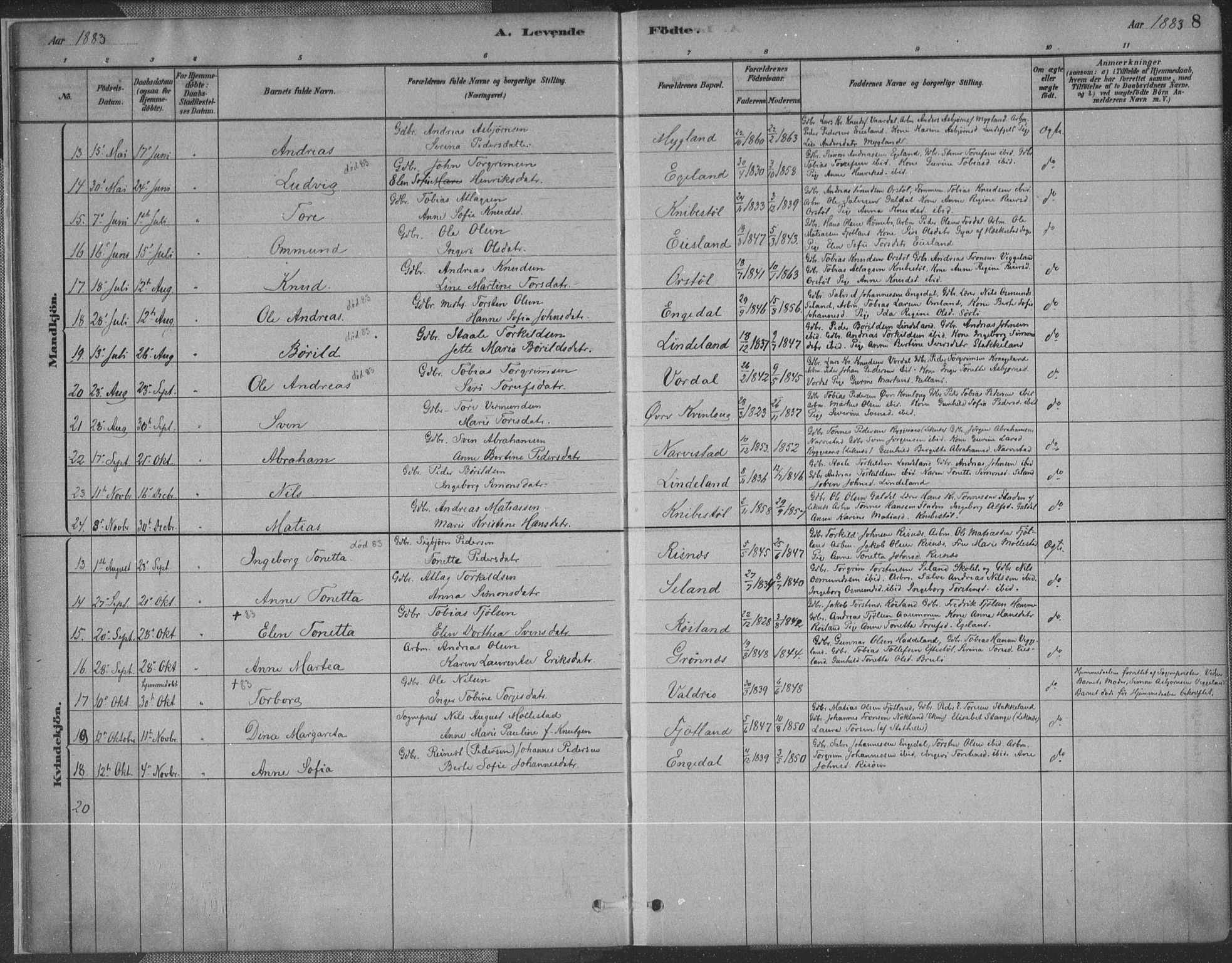 Fjotland sokneprestkontor, AV/SAK-1111-0010/F/Fa/L0002: Parish register (official) no. A 2, 1880-1898, p. 8