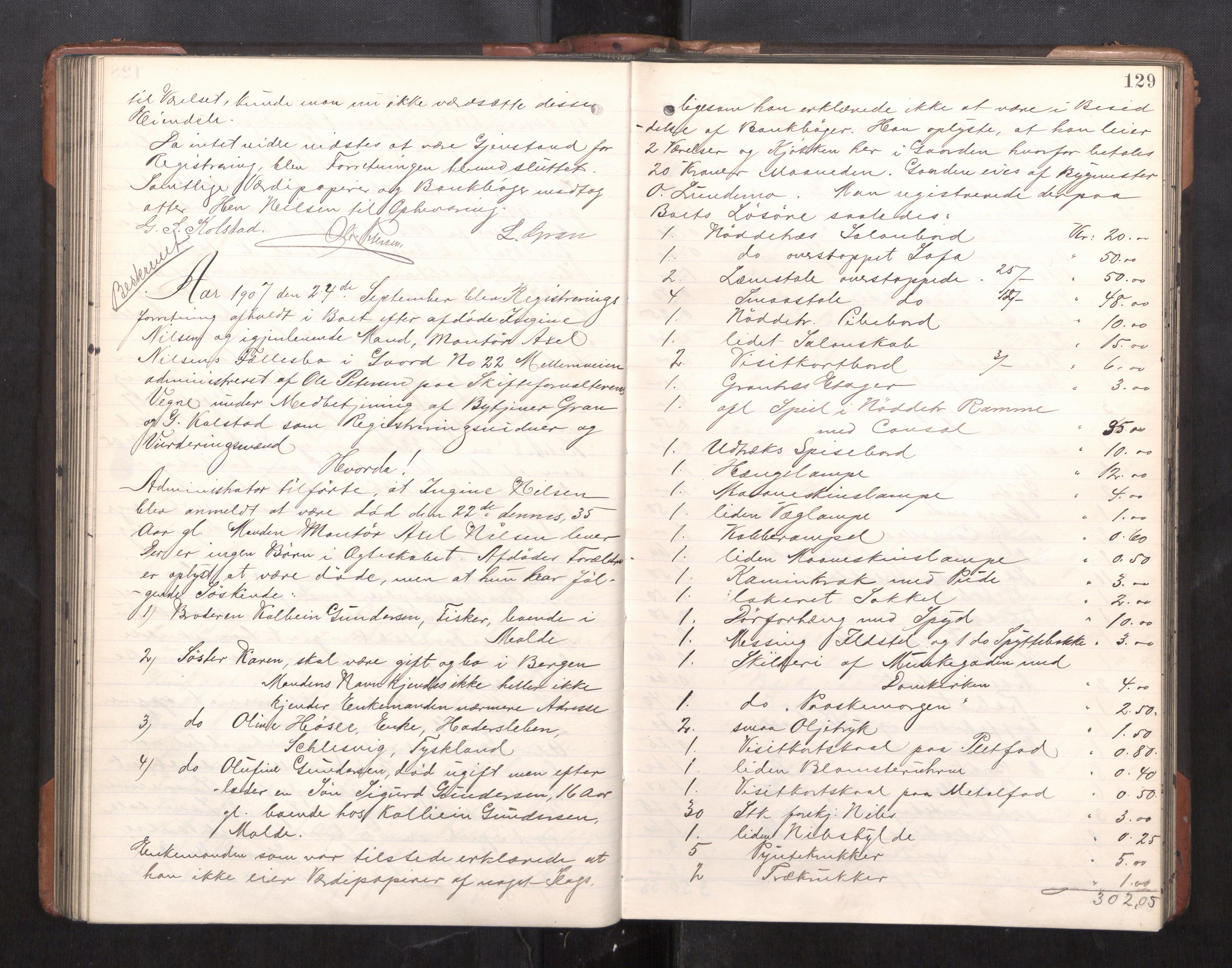 Trondheim byfogd, AV/SAT-A-0003/1/3/3C/L0025: Skifteregistreringsprotokoll - 24/1-14/7. (u/ register), 1906-1909, p. 129