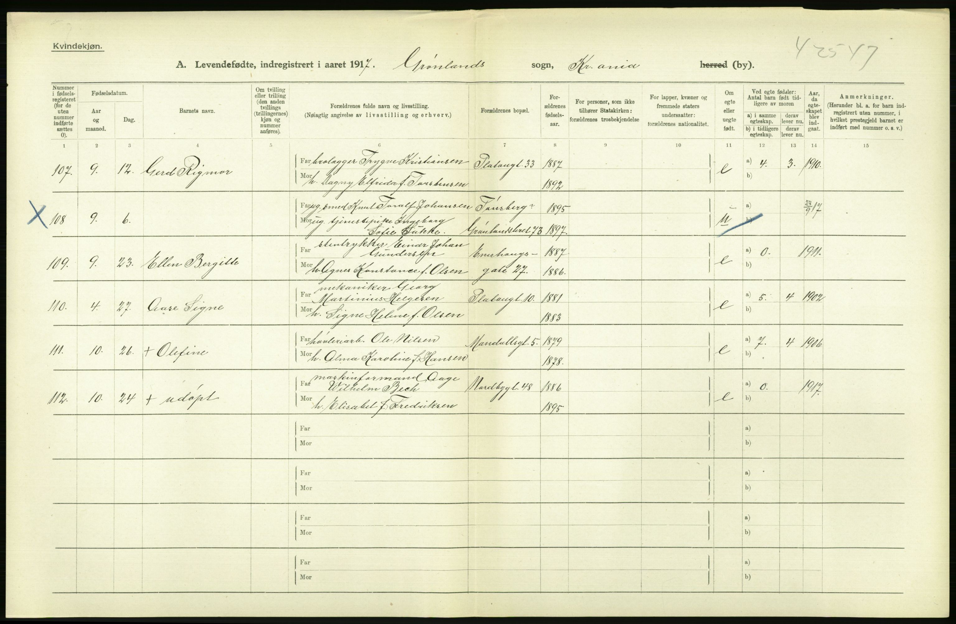 Statistisk sentralbyrå, Sosiodemografiske emner, Befolkning, AV/RA-S-2228/D/Df/Dfb/Dfbg/L0006: Kristiania: Levendefødte menn og kvinner., 1917, p. 56