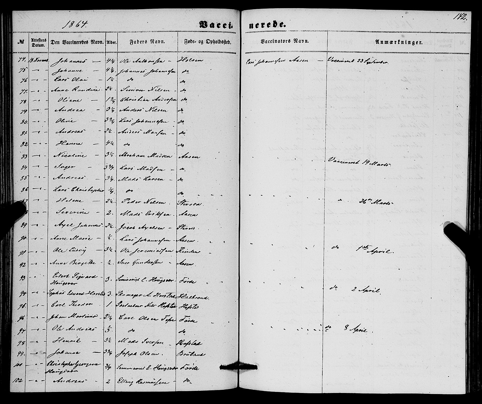 Førde sokneprestembete, SAB/A-79901/H/Haa/Haaa/L0010: Parish register (official) no. A 10, 1861-1876, p. 142