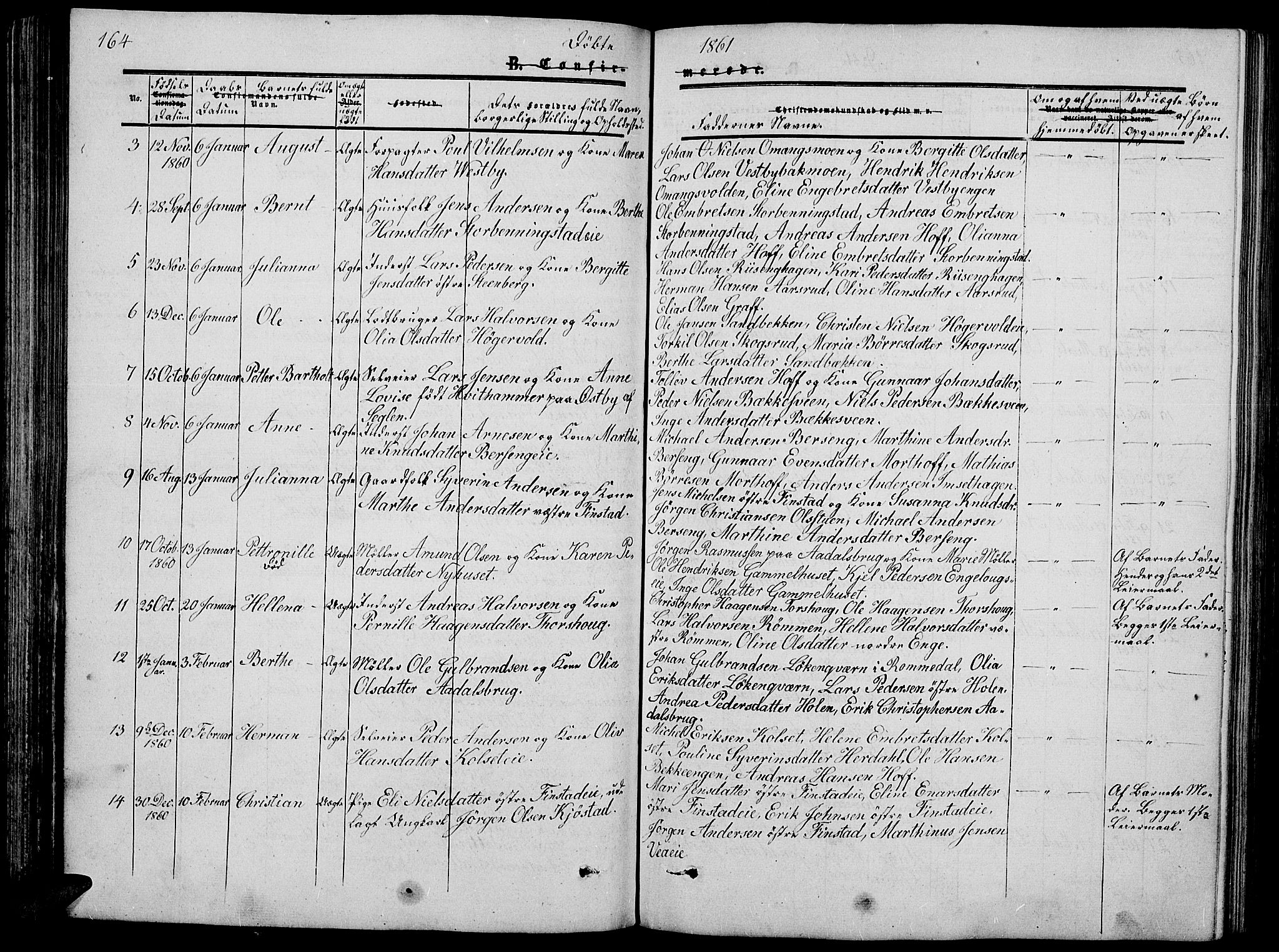 Løten prestekontor, AV/SAH-PREST-022/L/La/L0003: Parish register (copy) no. 3, 1850-1862, p. 164