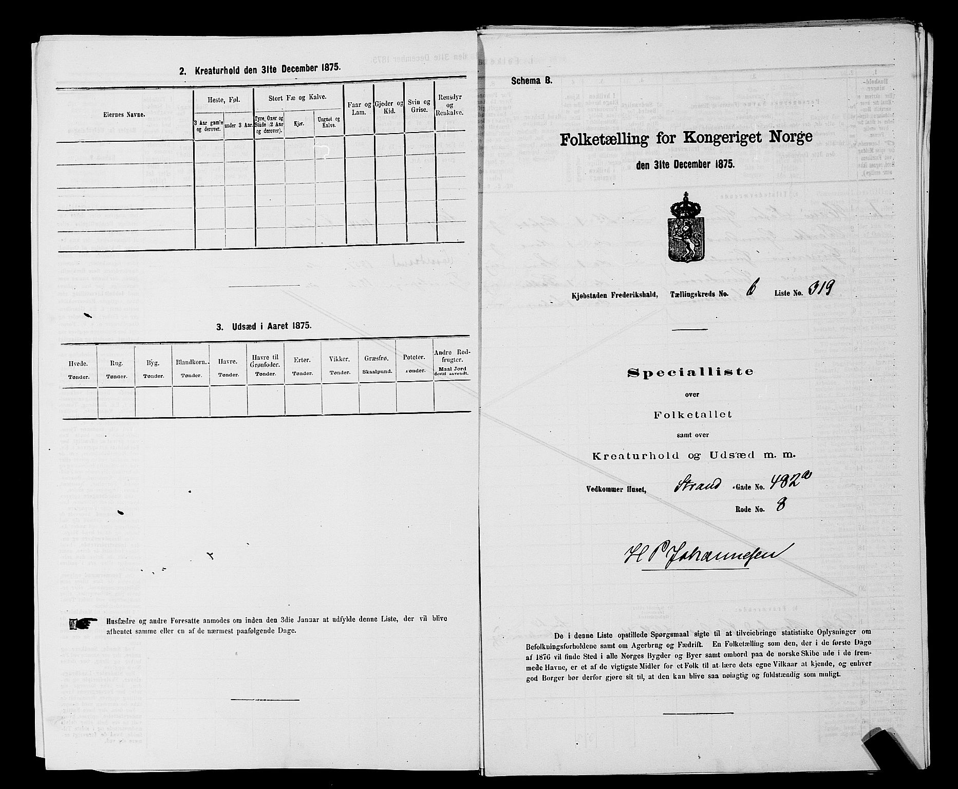 RA, 1875 census for 0101P Fredrikshald, 1875, p. 582