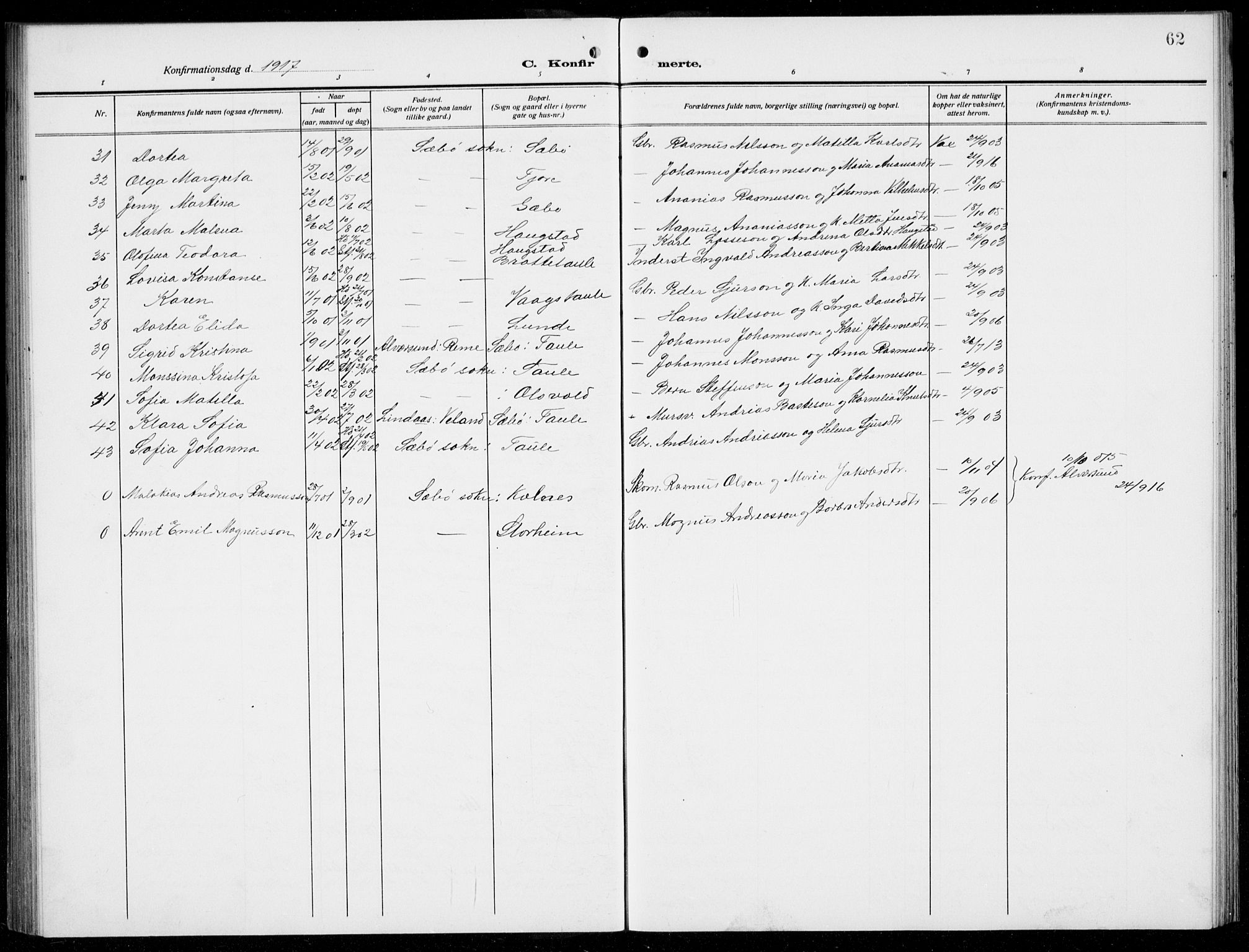 Manger sokneprestembete, AV/SAB-A-76801/H/Hab: Parish register (copy) no. D  4, 1910-1935, p. 62