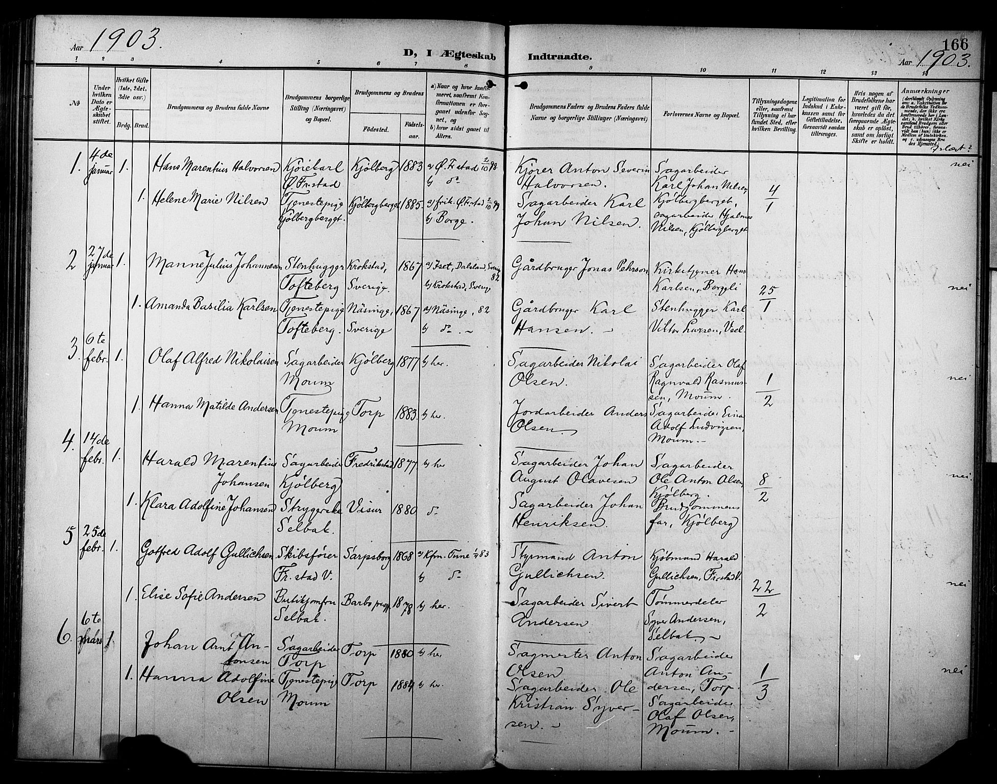 Borge prestekontor Kirkebøker, AV/SAO-A-10903/F/Fa/L0009: Parish register (official) no. I 9, 1902-1911, p. 166