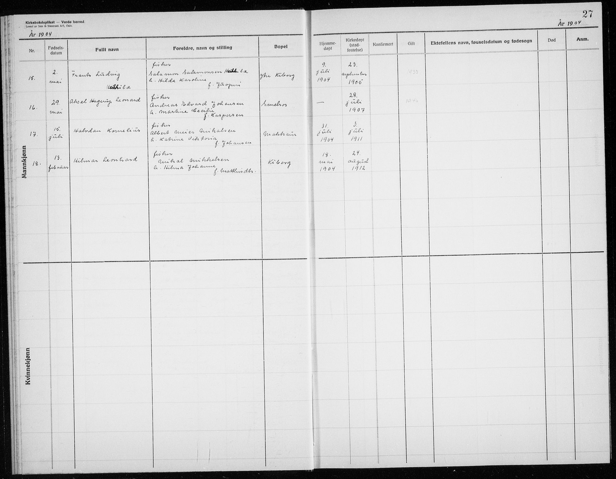 Vardø sokneprestkontor, AV/SATØ-S-1332/H/Hc/L0006kirkerekon: Other parish register no. 6, 1900-1925, p. 27