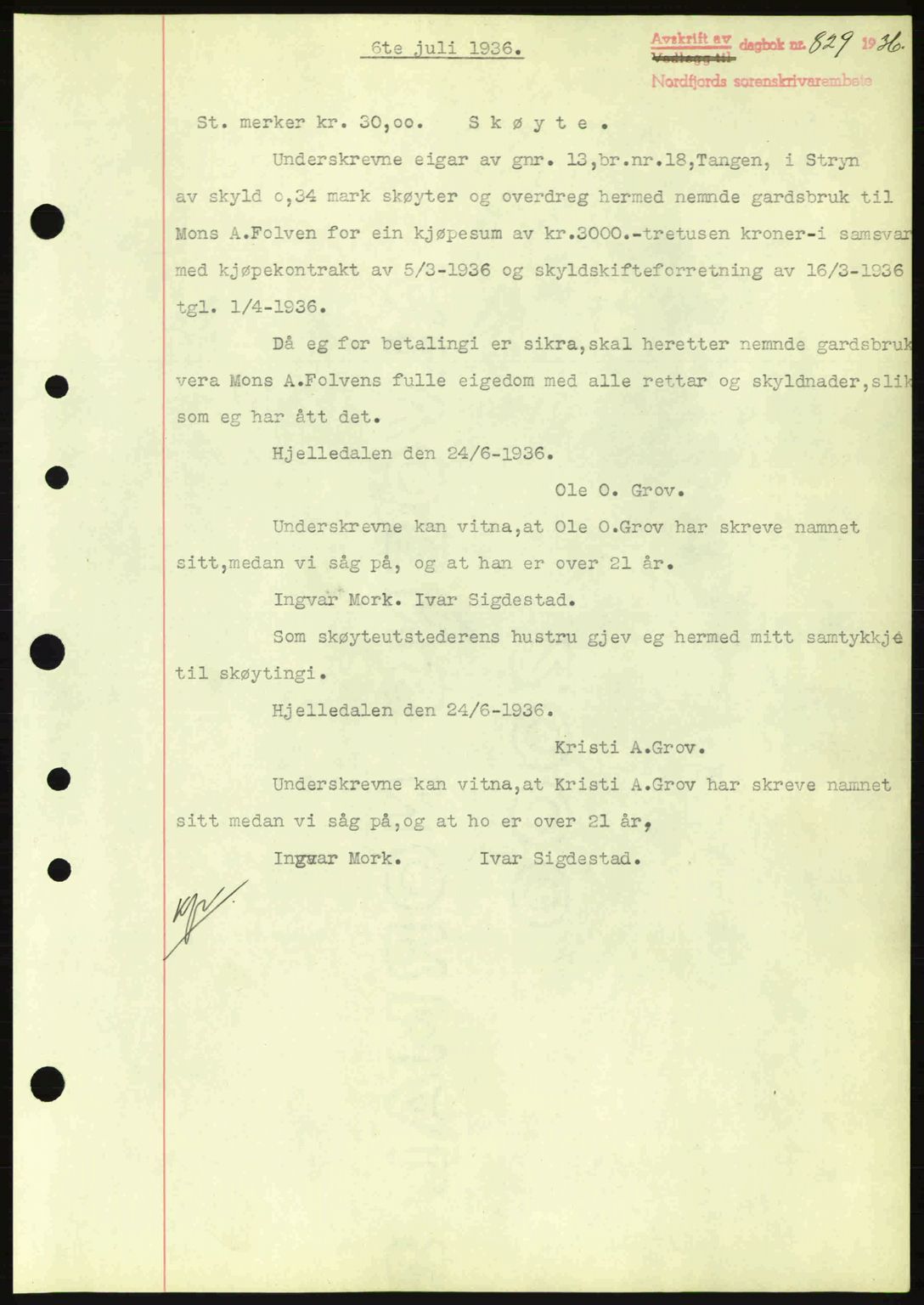 Nordfjord sorenskriveri, AV/SAB-A-2801/02/02b/02bj/L0001: Mortgage book no. A1, 1936-1937, Diary no: : 829/1936