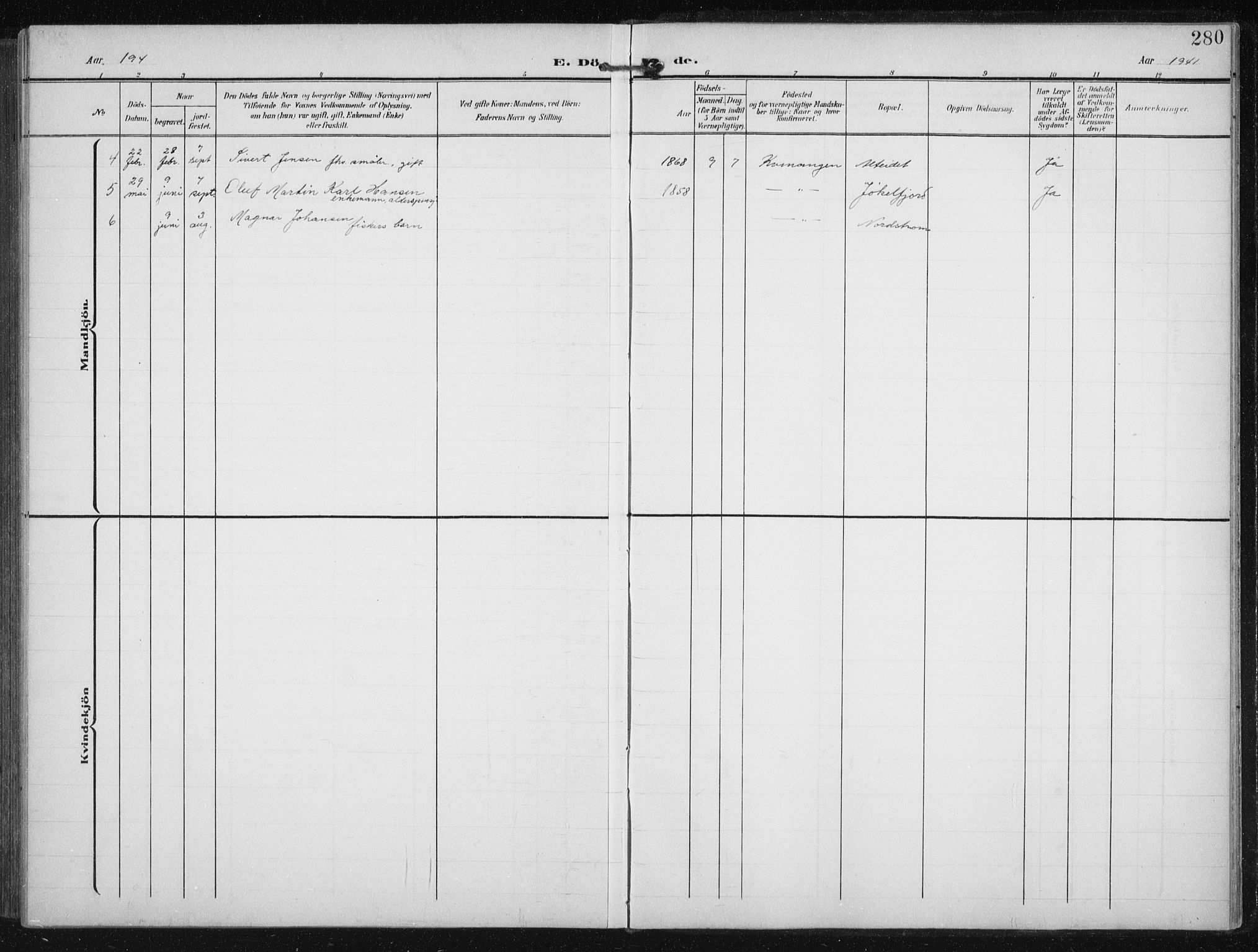 Skjervøy sokneprestkontor, SATØ/S-1300/H/Ha/Hab/L0017klokker: Parish register (copy) no. 17, 1906-1941, p. 280