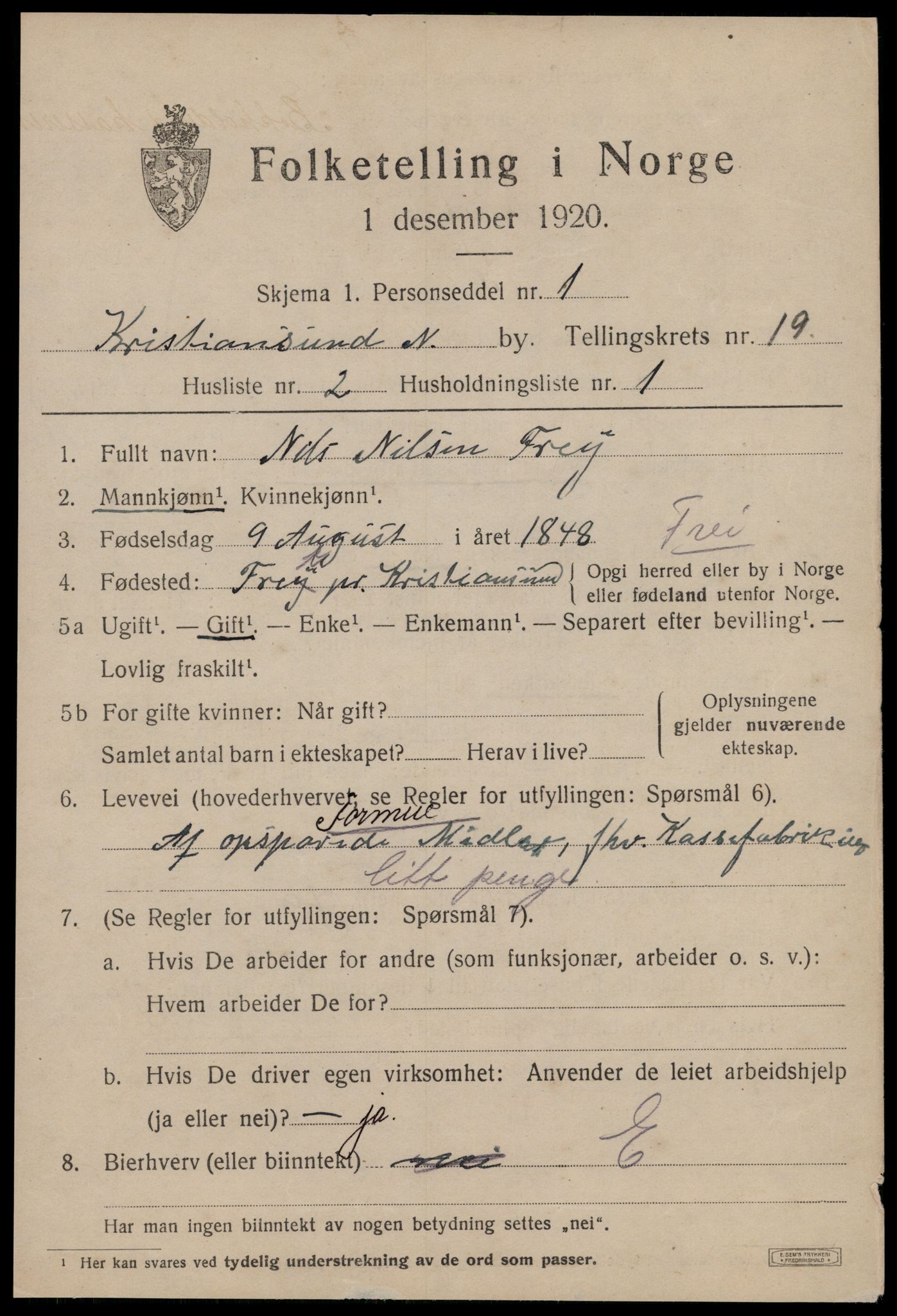 SAT, 1920 census for Kristiansund, 1920, p. 38963