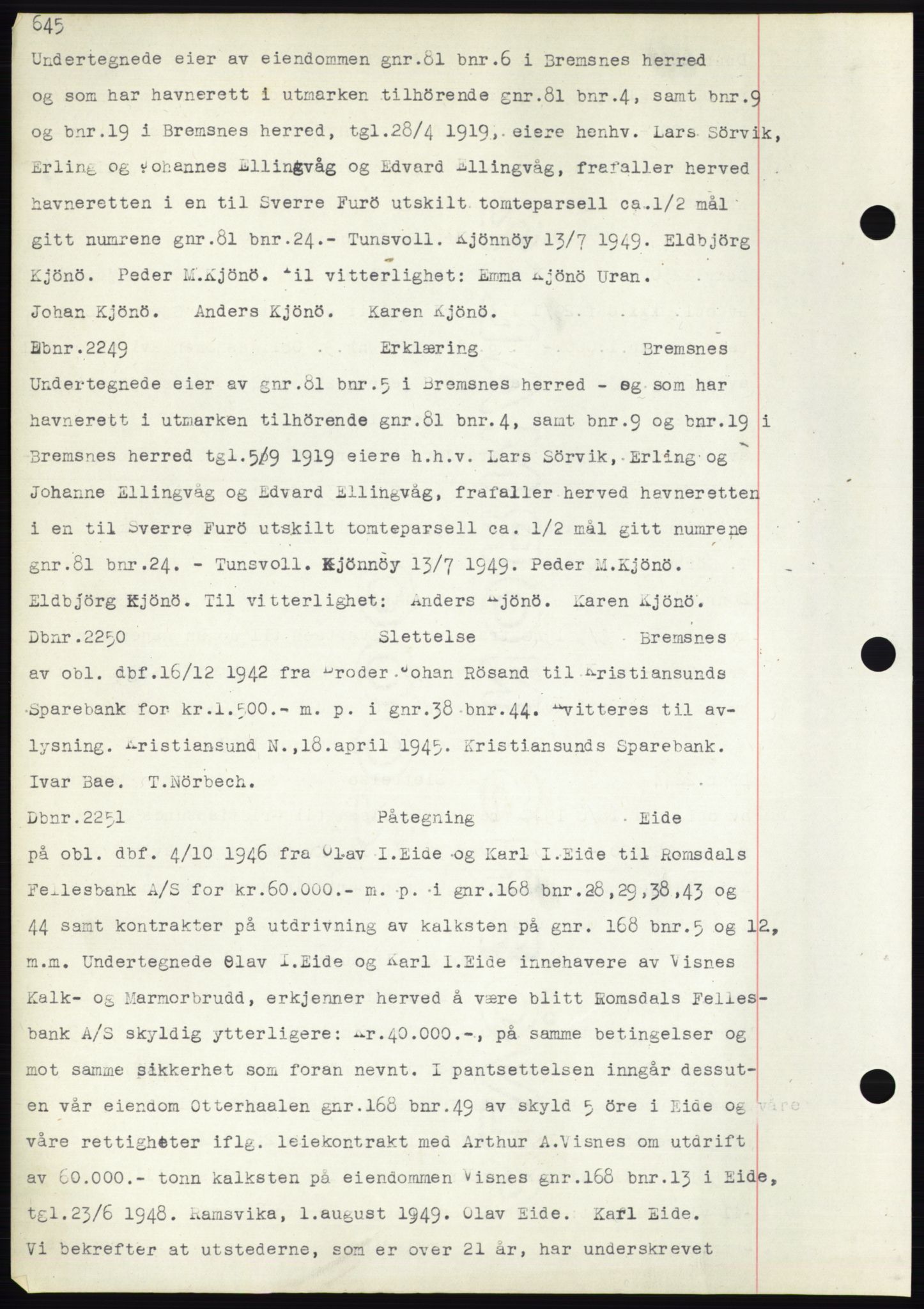 Nordmøre sorenskriveri, SAT/A-4132/1/2/2Ca: Mortgage book no. C82b, 1946-1951, Diary no: : 2249/1949