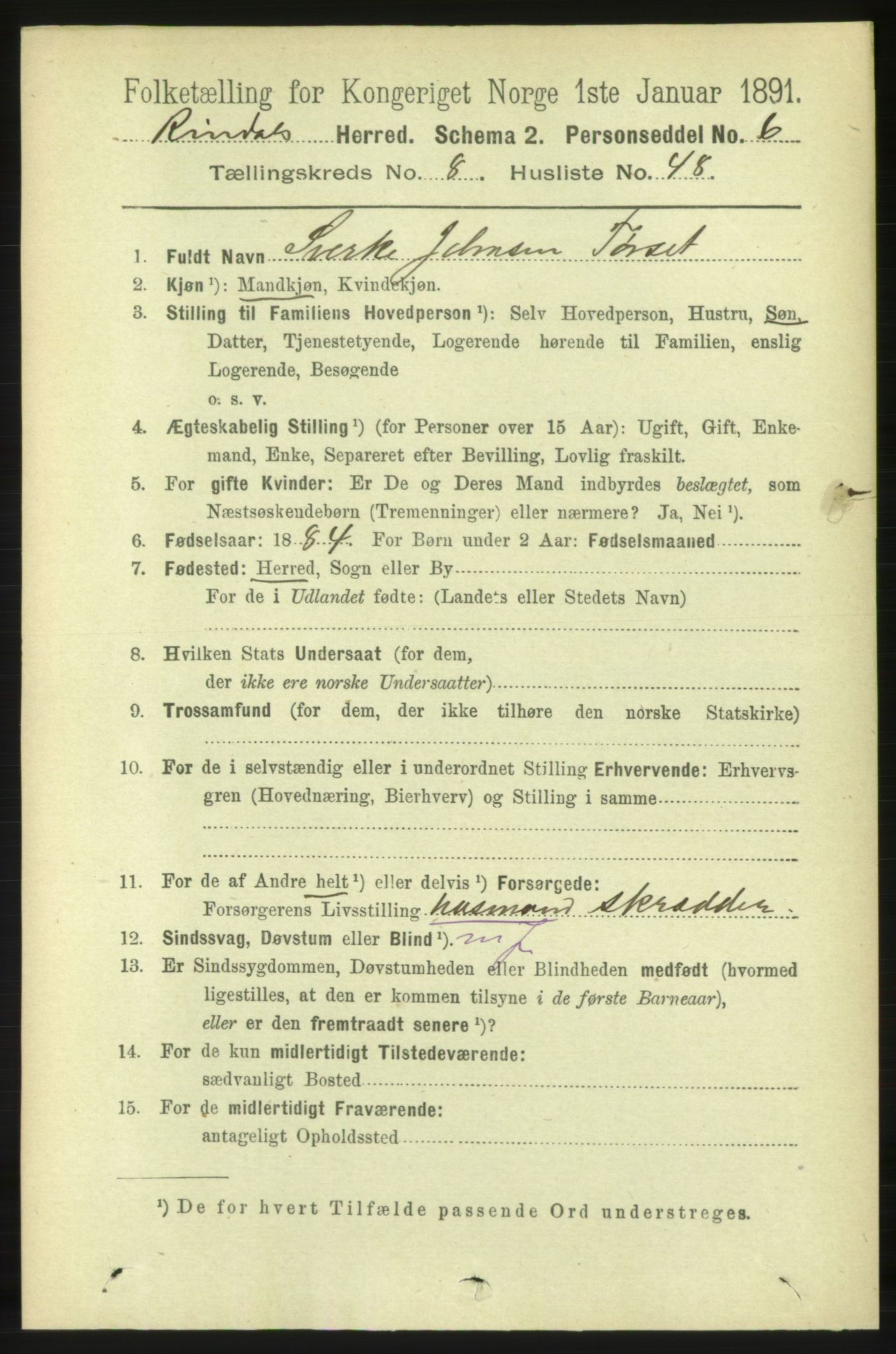 RA, 1891 census for 1567 Rindal, 1891, p. 2809