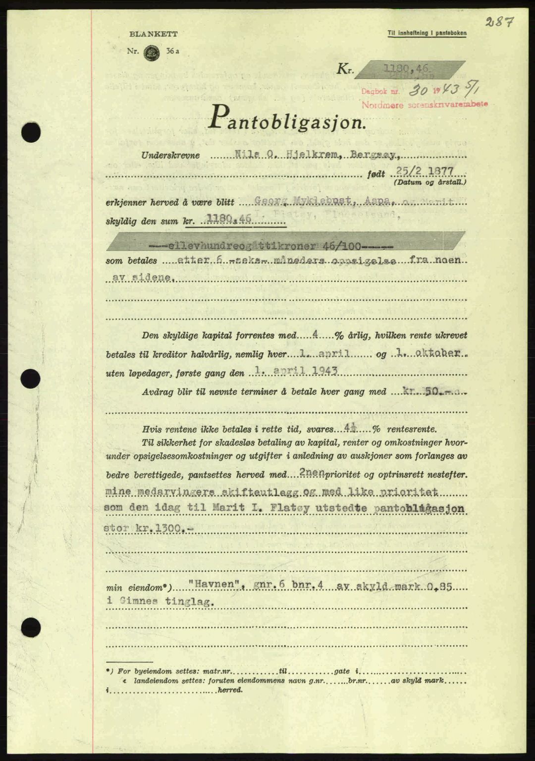 Nordmøre sorenskriveri, AV/SAT-A-4132/1/2/2Ca: Mortgage book no. B90, 1942-1943, Diary no: : 30/1943