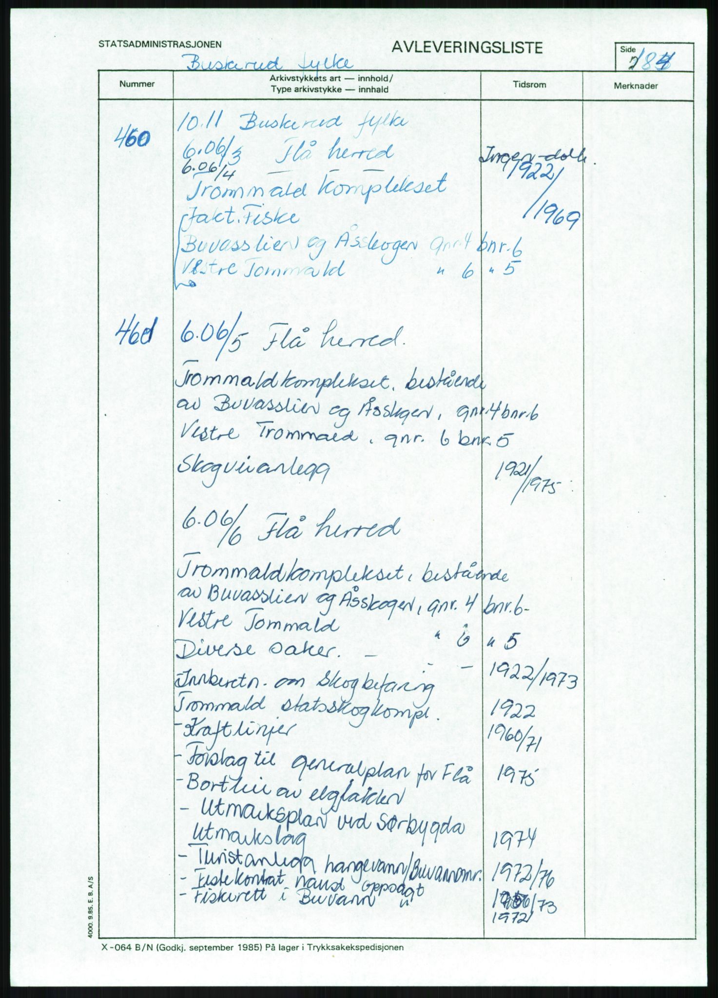 Direktoratet for statens skoger, AV/RA-S-1600/2/E/Eg/L0002: Arkivliste for 10.11-serien. Akershus til Sør-Trøndelag fylke. Mappenr. 1 - 925, 1957-1992, p. 185