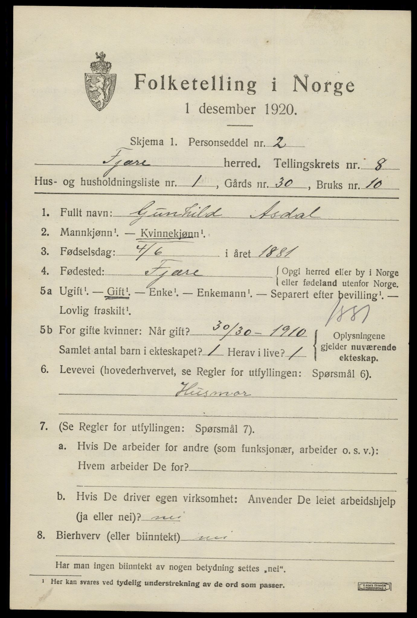 SAK, 1920 census for Fjære, 1920, p. 10389