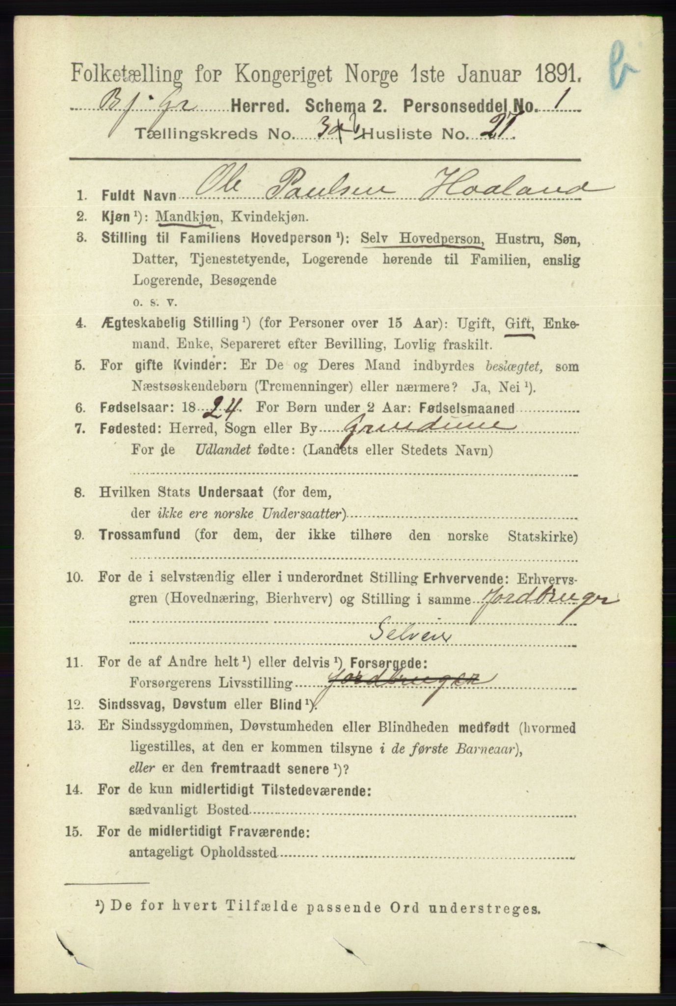 RA, 1891 census for 1024 Bjelland og Grindheim, 1891, p. 1939