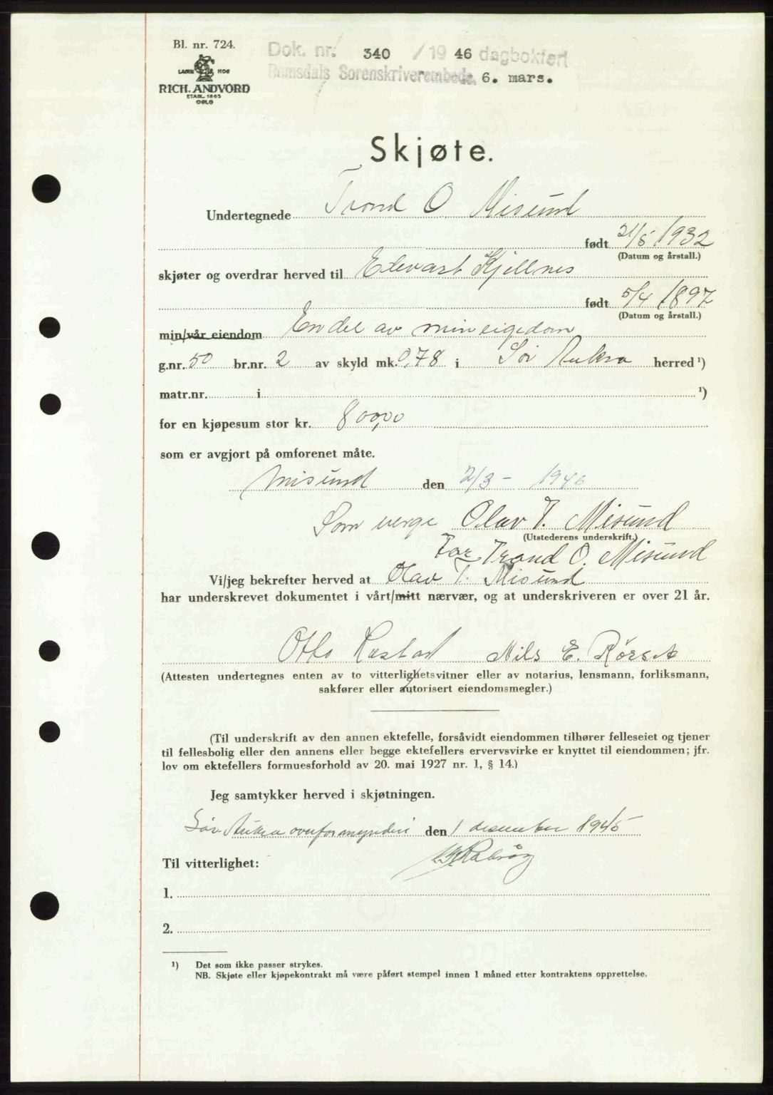 Romsdal sorenskriveri, SAT/A-4149/1/2/2C: Mortgage book no. A19, 1946-1946, Diary no: : 340/1946