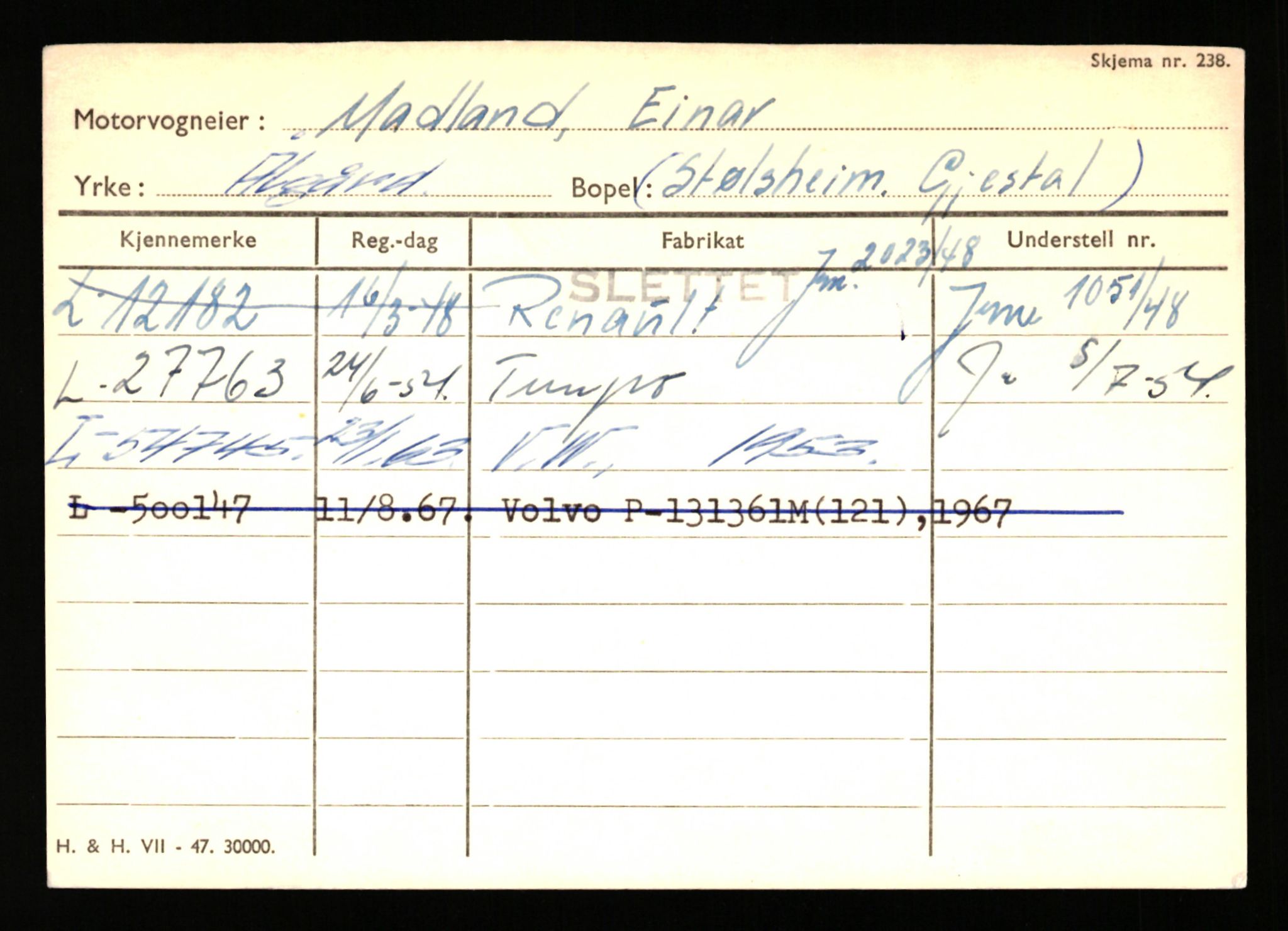 Stavanger trafikkstasjon, SAST/A-101942/0/H/L0024: Lyberg - Melgård, 1930-1971, p. 1227