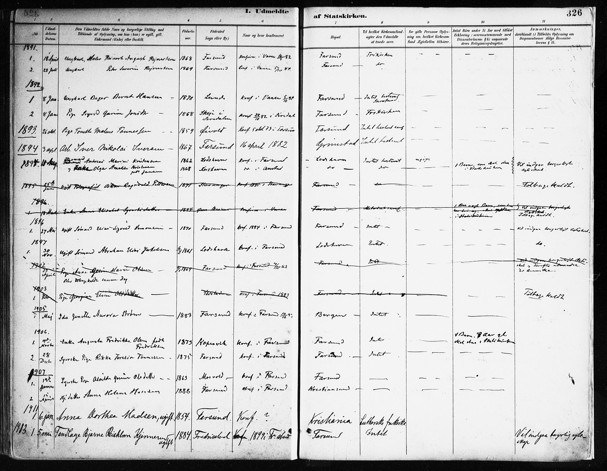 Farsund sokneprestkontor, SAK/1111-0009/F/Fa/L0006: Parish register (official) no. A 6, 1887-1920, p. 326