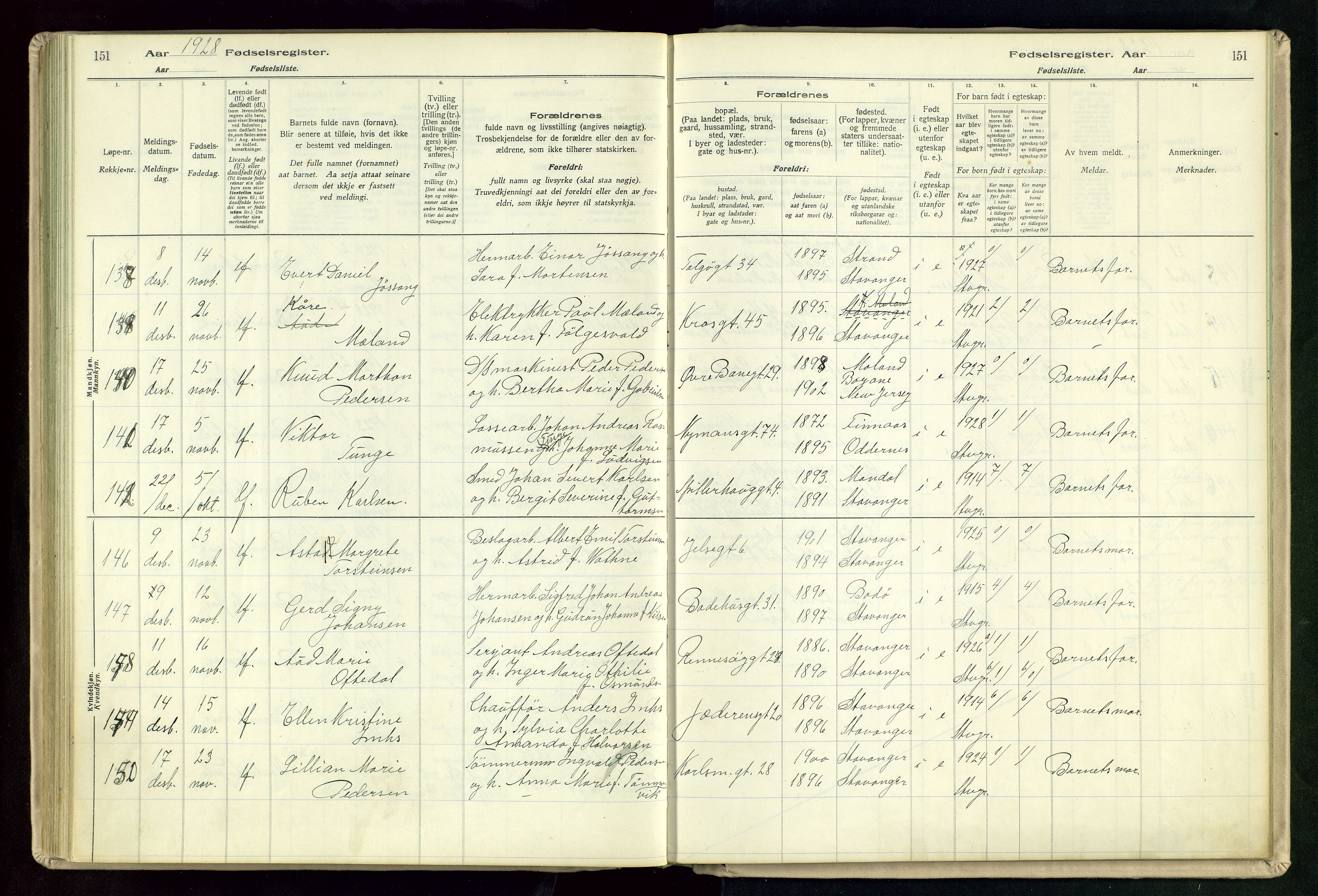 St. Johannes sokneprestkontor, SAST/A-101814/002/A/L0003: Birth register no. 3, 1924-1930, p. 151