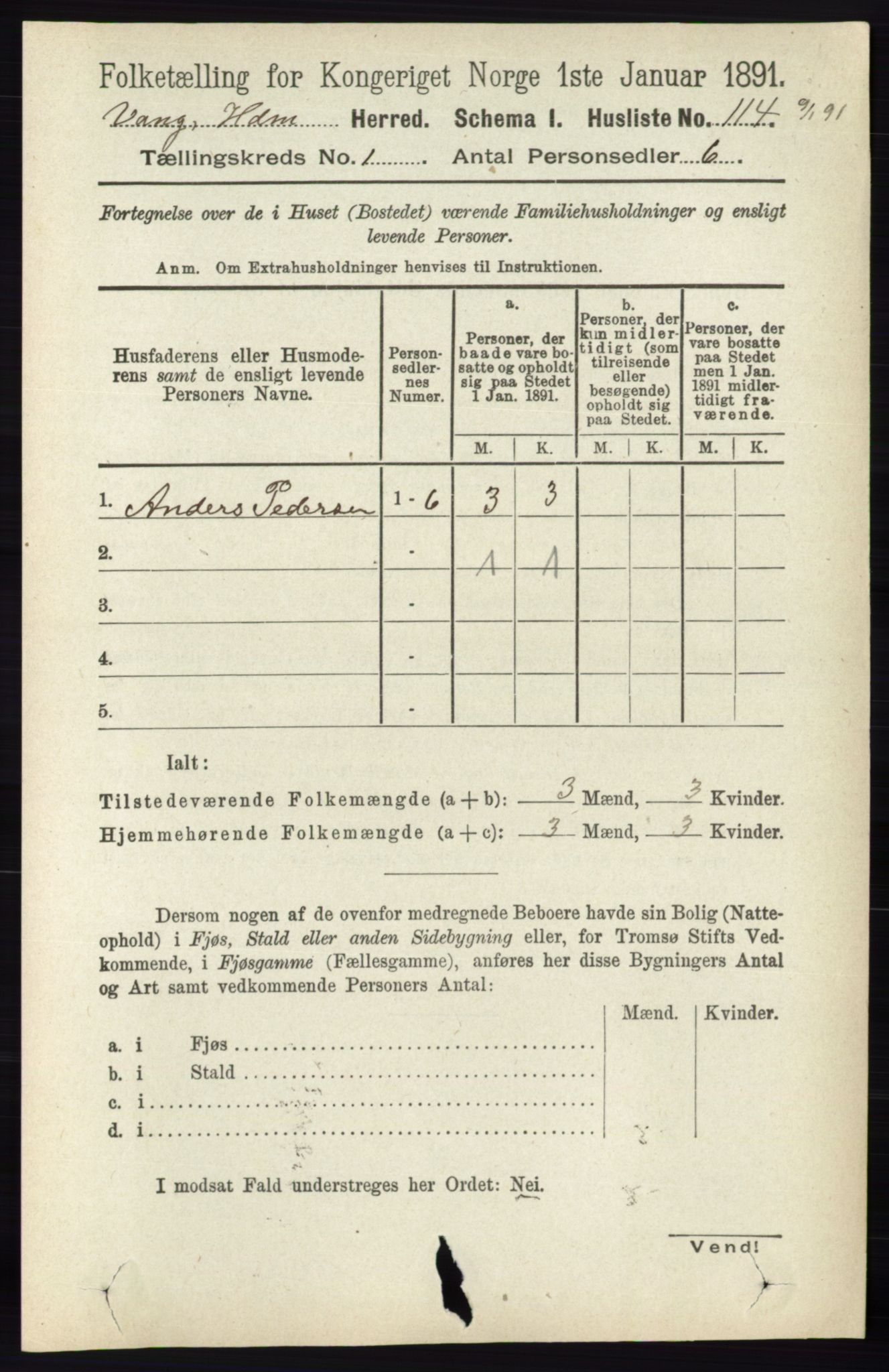 RA, 1891 census for 0414 Vang, 1891, p. 165