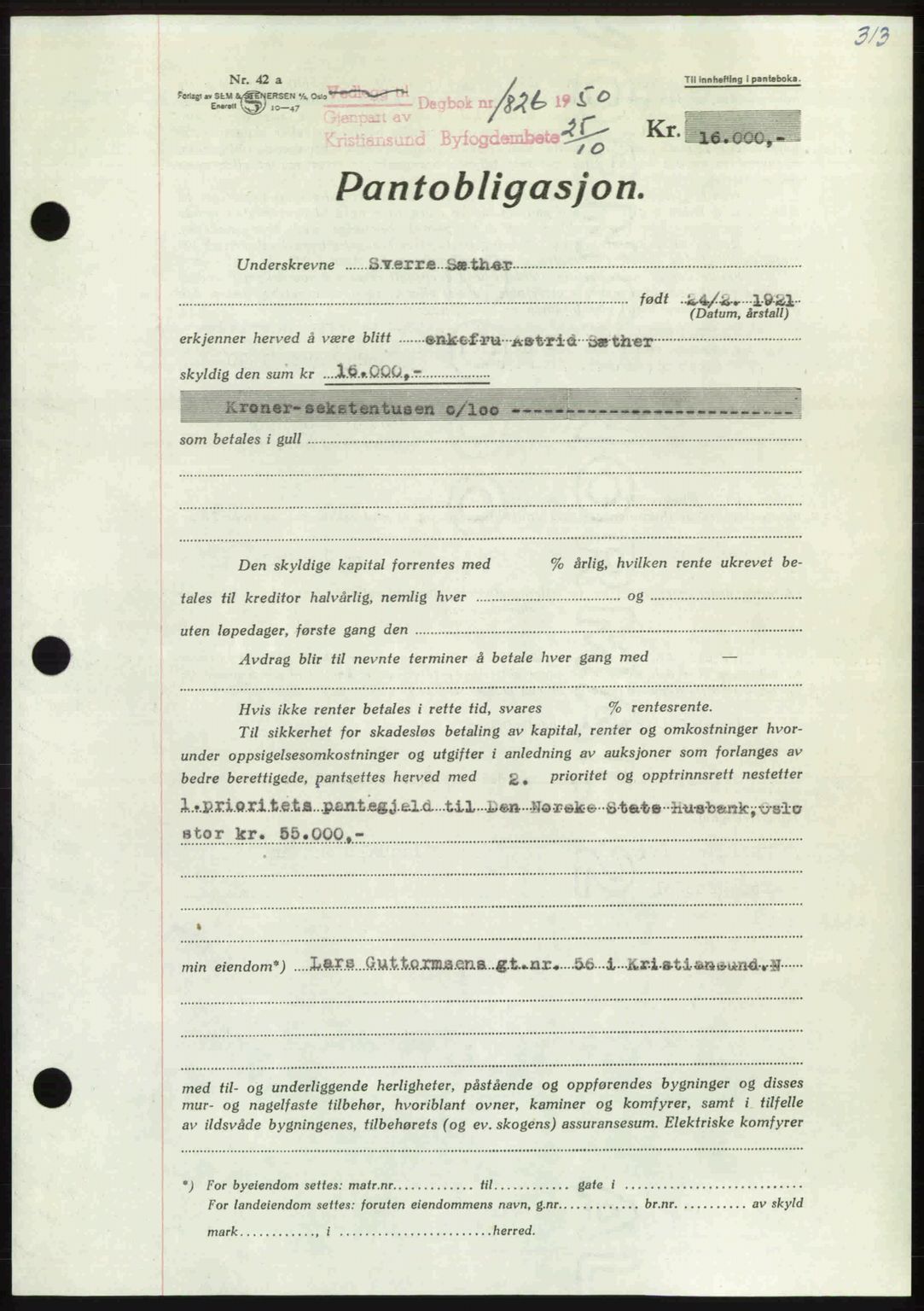 Kristiansund byfogd, SAT/A-4587/A/27: Mortgage book no. 50, 1950-1950, Diary no: : 1826/1950