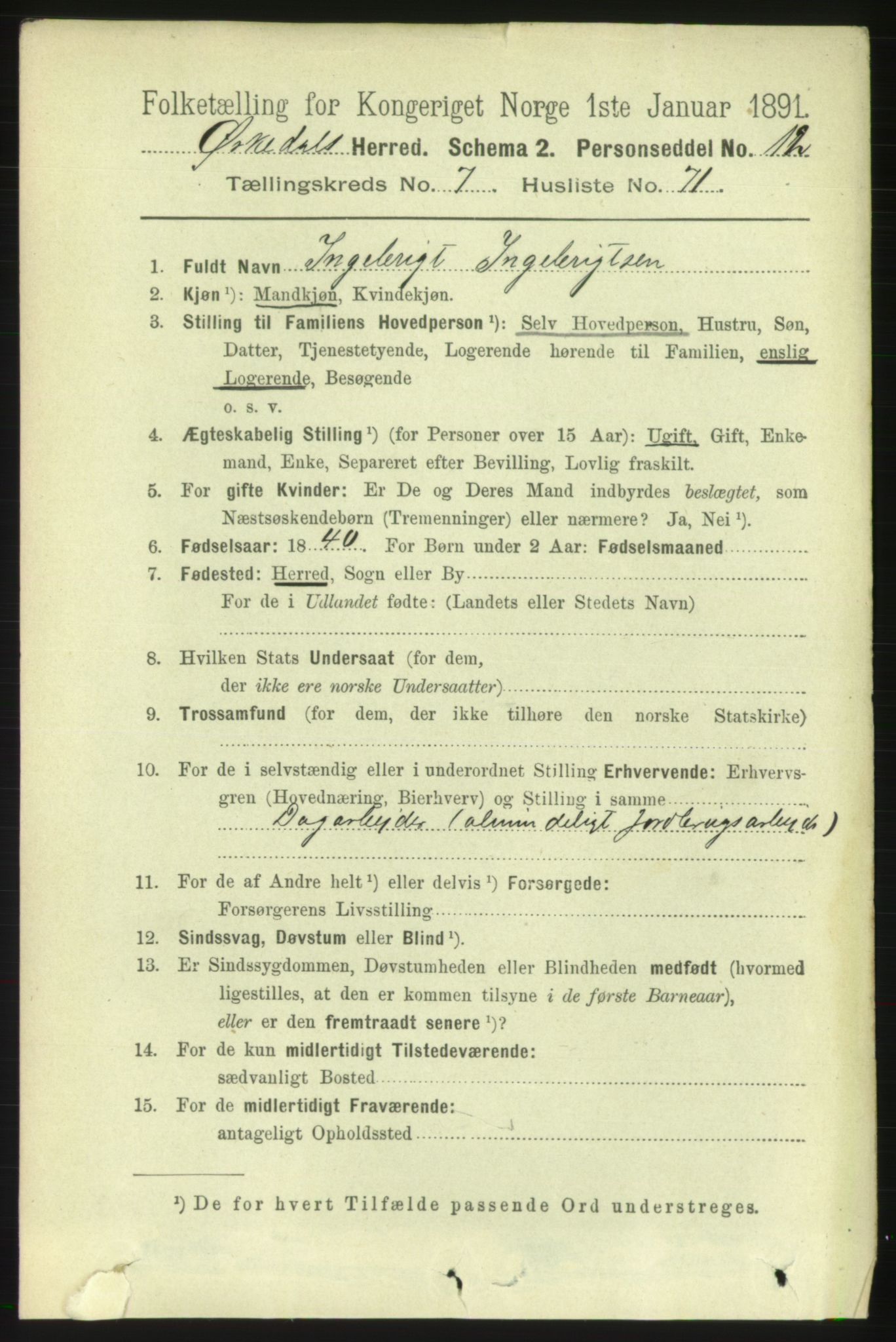 RA, 1891 census for 1638 Orkdal, 1891, p. 3807