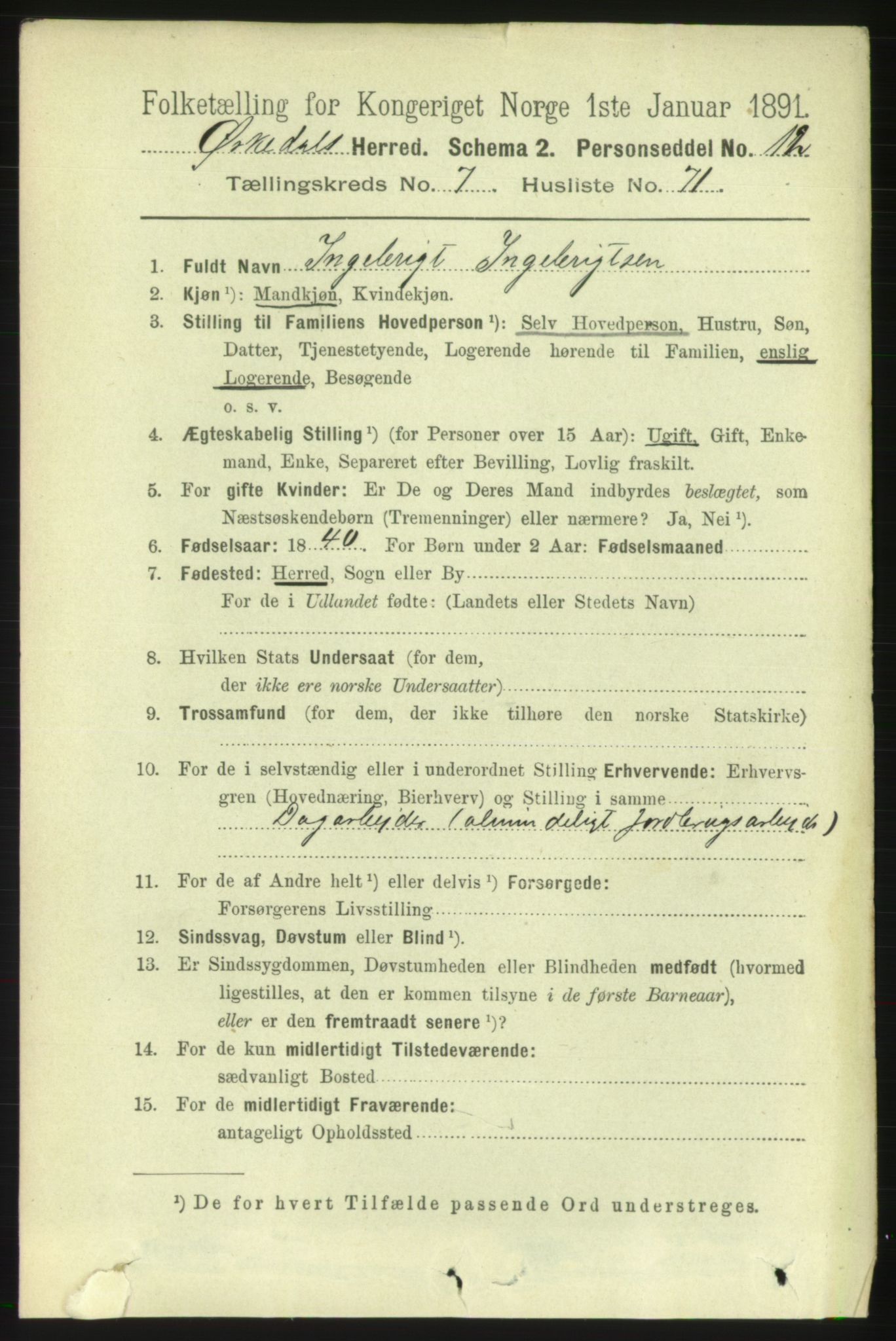 RA, 1891 census for 1638 Orkdal, 1891, p. 3807