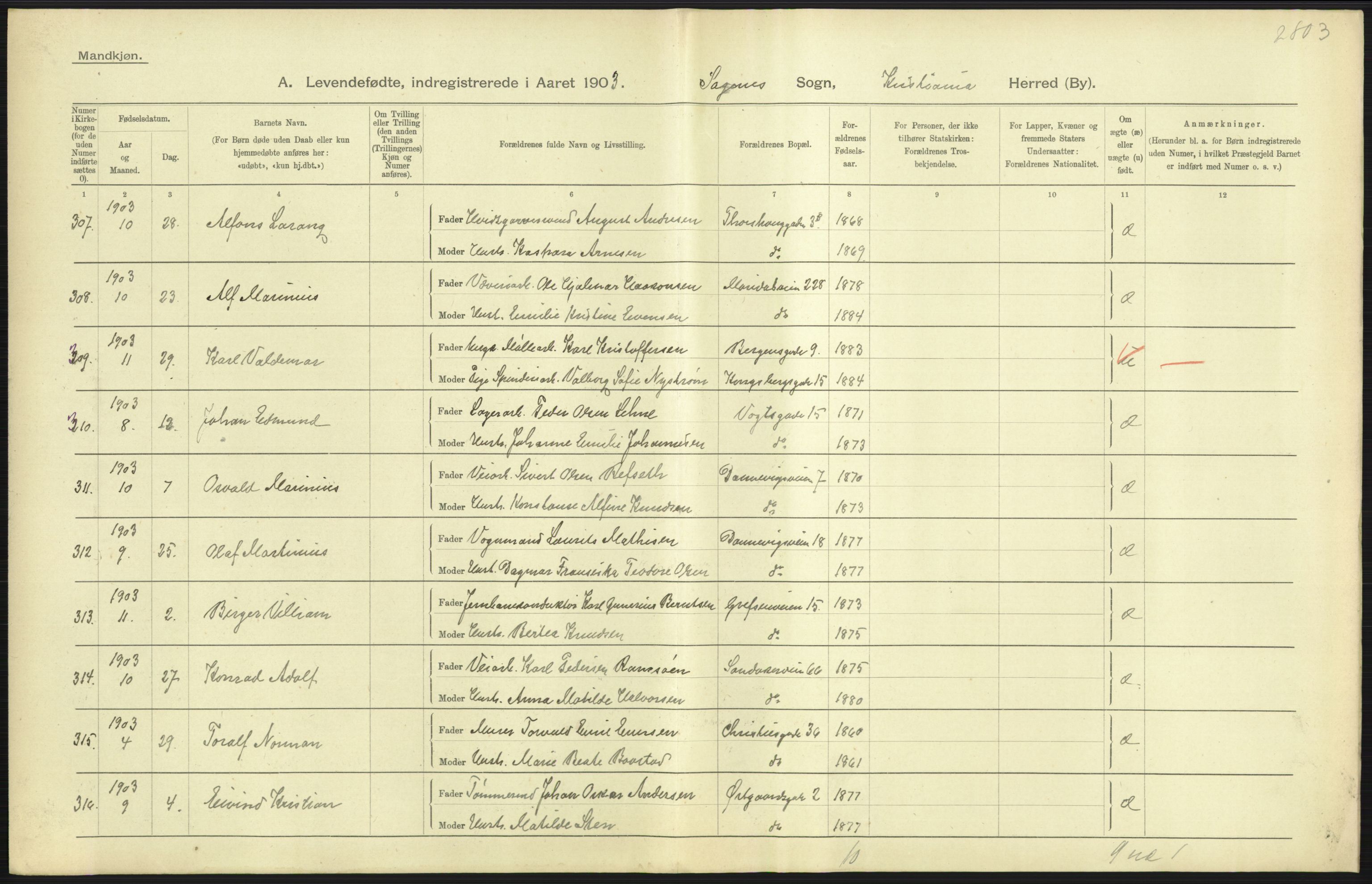 Statistisk sentralbyrå, Sosiodemografiske emner, Befolkning, AV/RA-S-2228/D/Df/Dfa/Dfaa/L0003: Kristiania: Fødte, 1903, p. 151