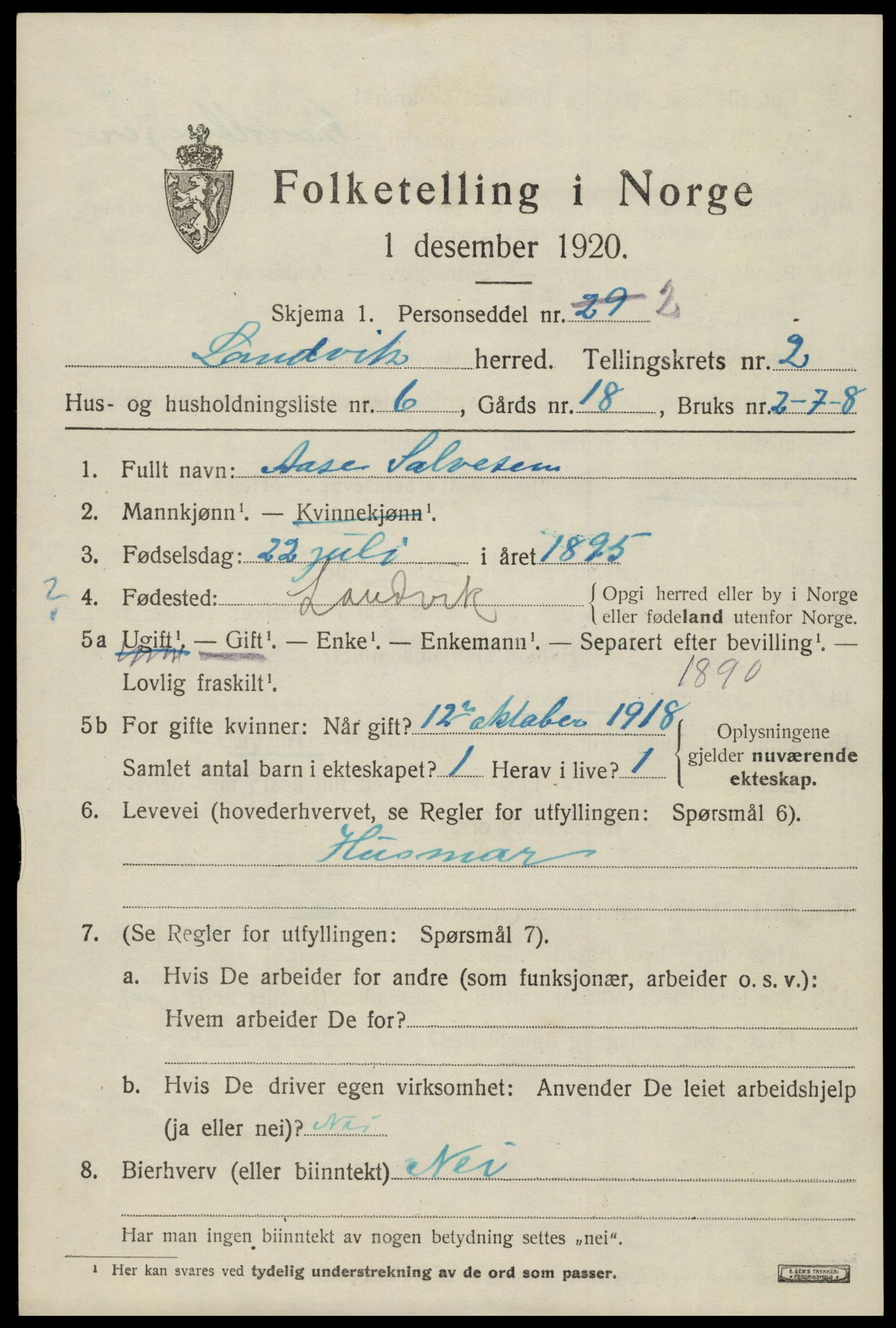SAK, 1920 census for Landvik, 1920, p. 1828