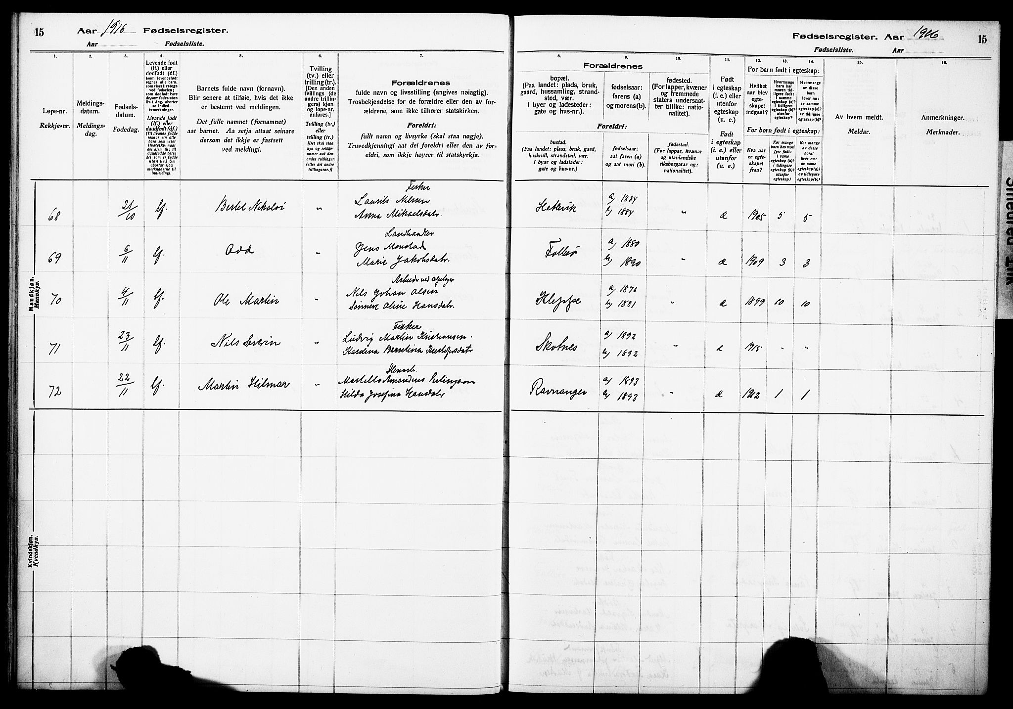 Askøy Sokneprestembete, AV/SAB-A-74101/I/Id/L00A1: Birth register no. A 1, 1916-1928, p. 15