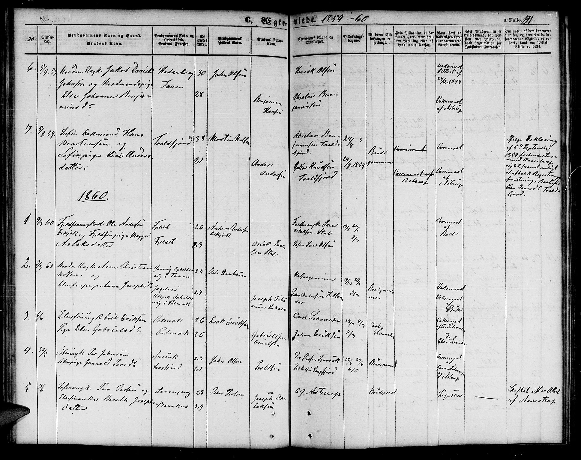 Tana sokneprestkontor, SATØ/S-1334/H/Hb/L0001klokker: Parish register (copy) no. 1 /1, 1853-1867, p. 191