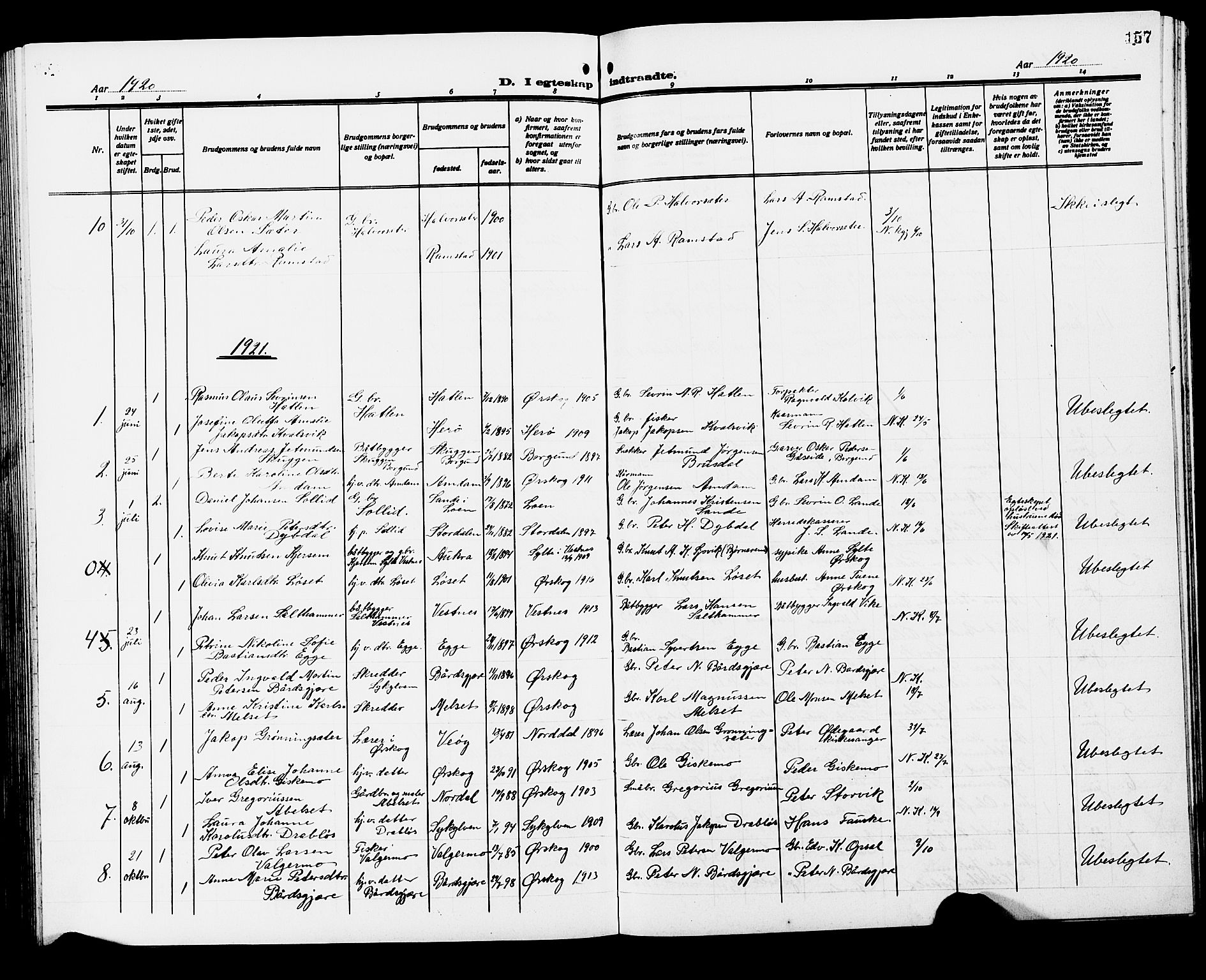 Ministerialprotokoller, klokkerbøker og fødselsregistre - Møre og Romsdal, SAT/A-1454/522/L0328: Parish register (copy) no. 522C07, 1909-1925, p. 157