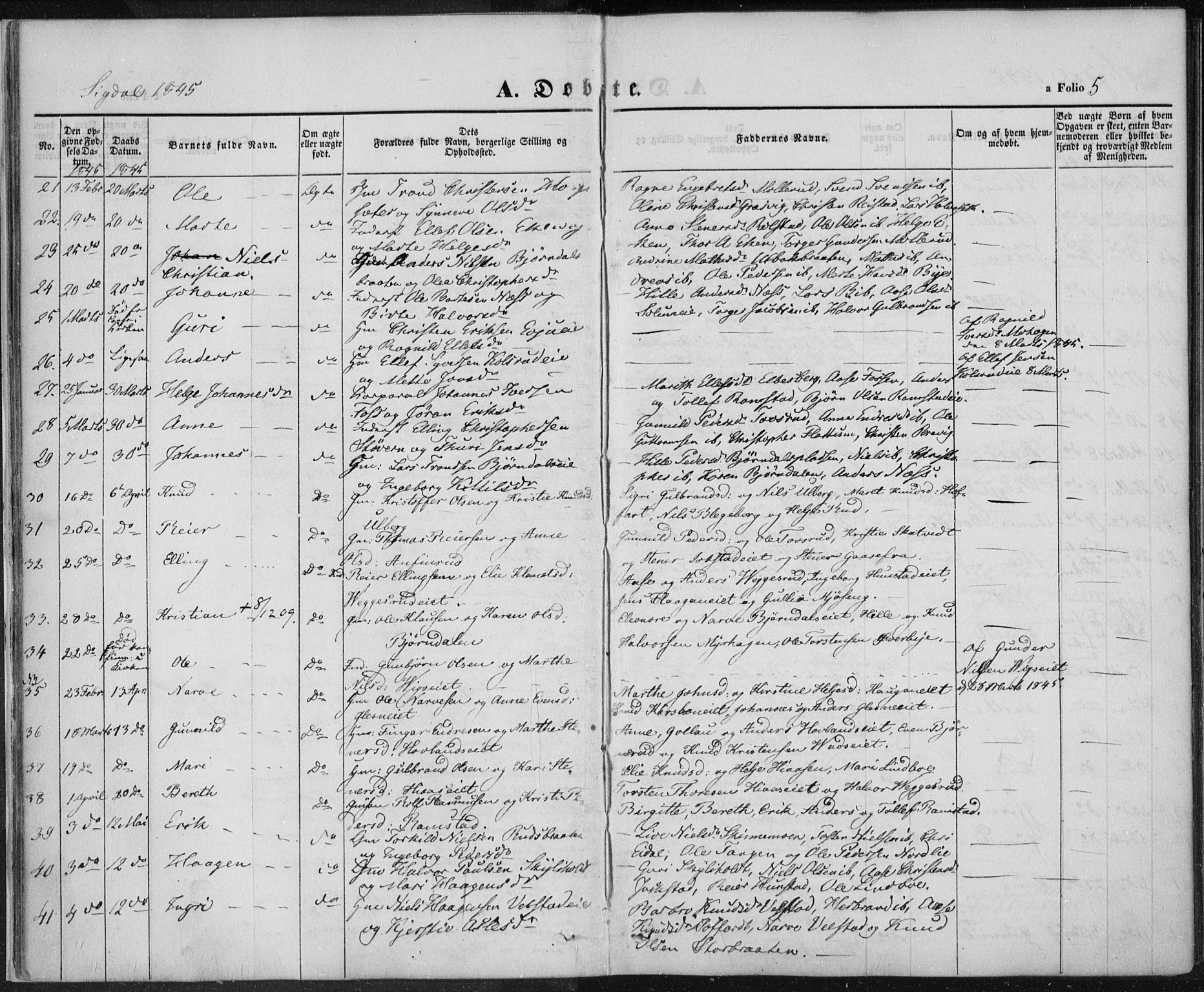 Sigdal kirkebøker, AV/SAKO-A-245/F/Fa/L0007: Parish register (official) no. I 7, 1844-1849, p. 5