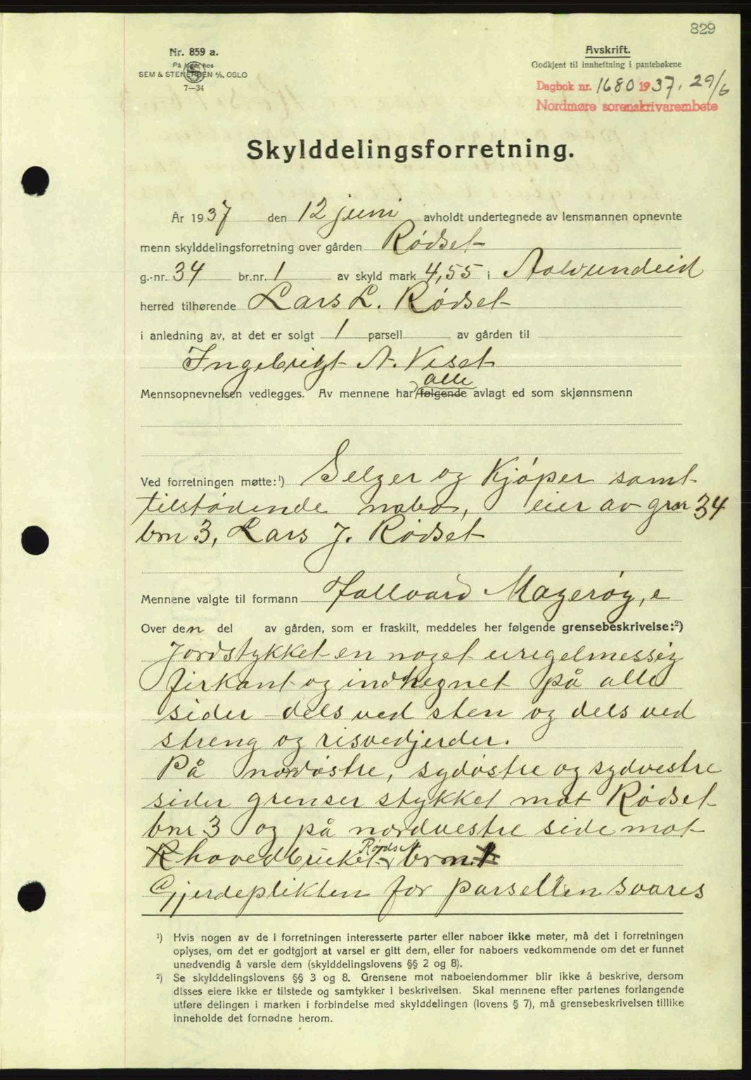 Nordmøre sorenskriveri, AV/SAT-A-4132/1/2/2Ca: Mortgage book no. A81, 1937-1937, Diary no: : 1680/1937