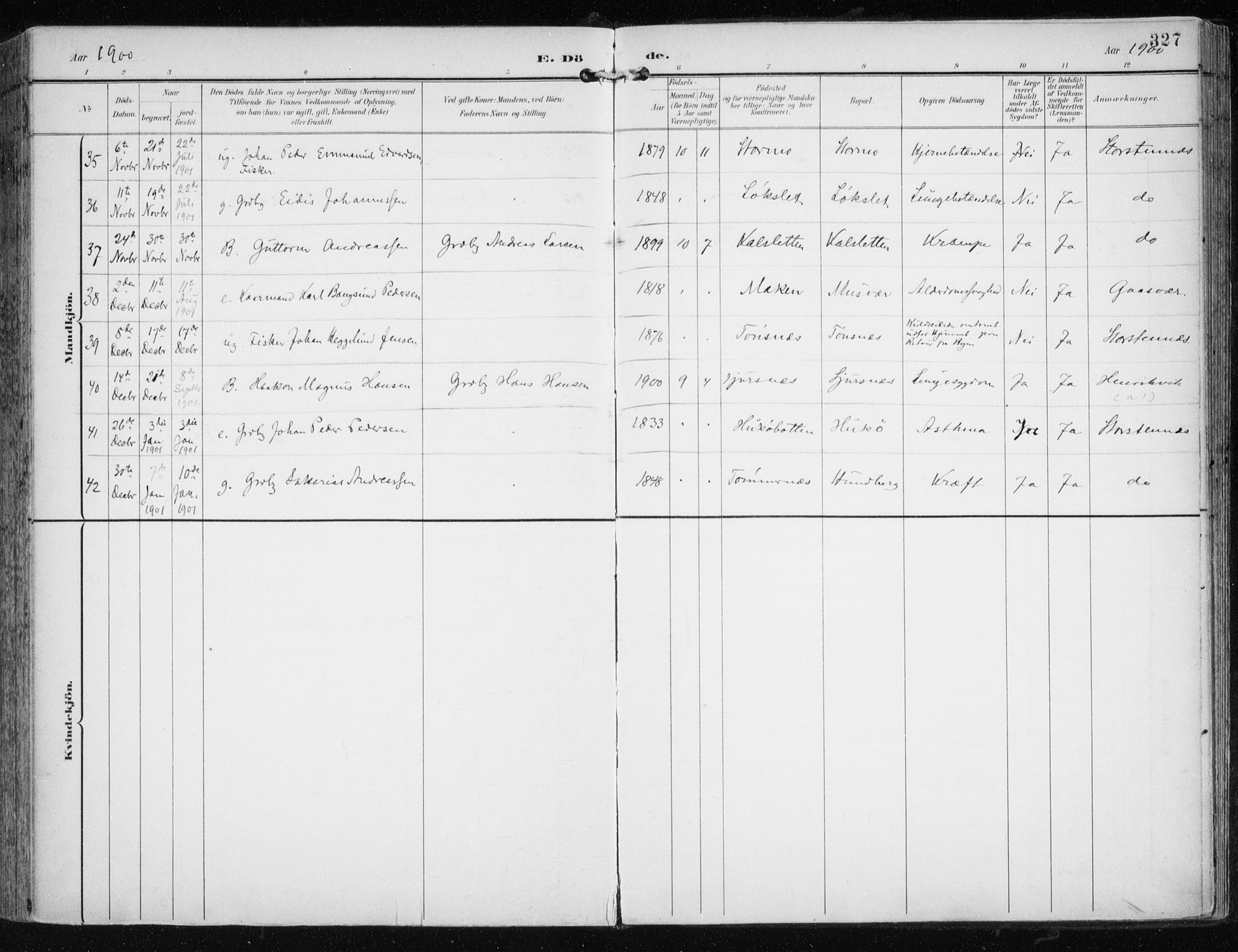 Tromsøysund sokneprestkontor, AV/SATØ-S-1304/G/Ga/L0006kirke: Parish register (official) no. 6, 1897-1906, p. 327
