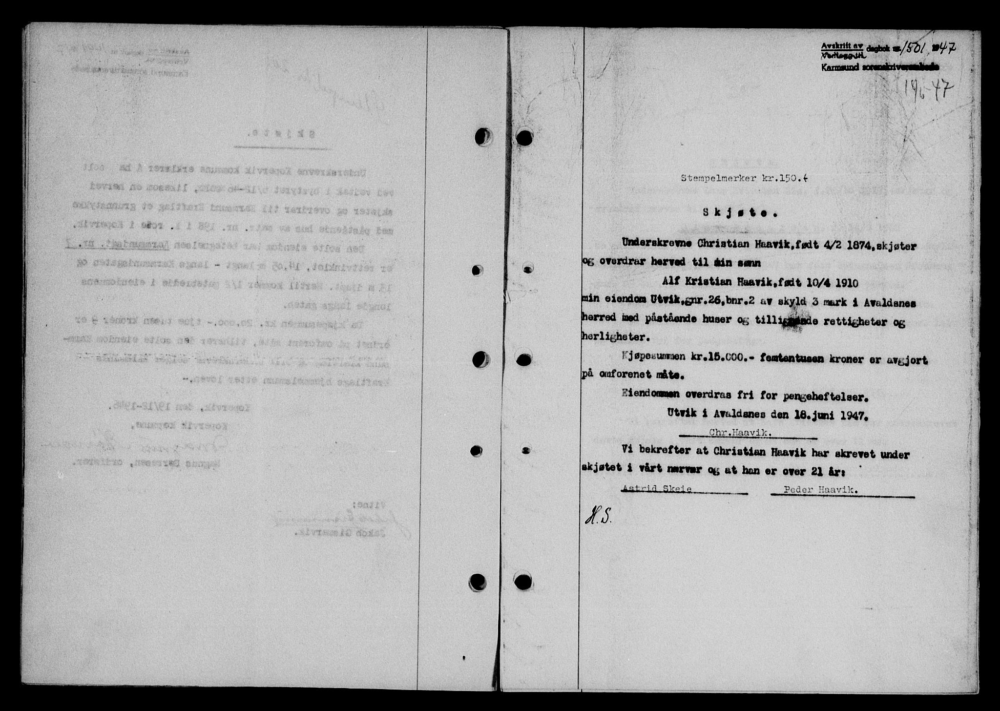 Karmsund sorenskriveri, SAST/A-100311/01/II/IIB/L0090: Mortgage book no. 70A, 1947-1947, Diary no: : 1501/1947