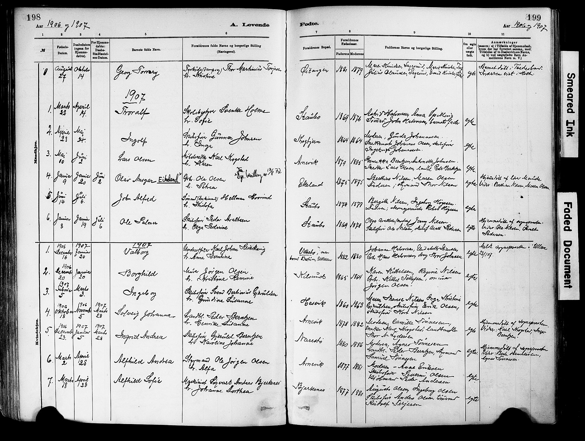 Dypvåg sokneprestkontor, SAK/1111-0007/F/Fa/Fab/L0001: Parish register (official) no. A 1, 1885-1912, p. 198-199