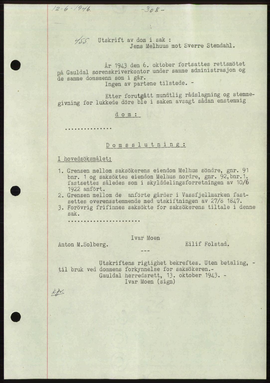 Gauldal sorenskriveri, SAT/A-0014/1/2/2C: Mortgage book no. A2, 1946-1946, Diary no: : 455/1946