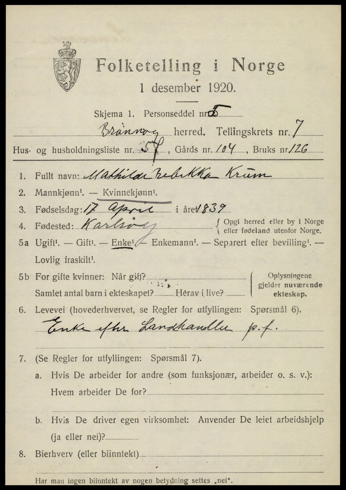 SAT, 1920 census for Brønnøy, 1920, p. 5866