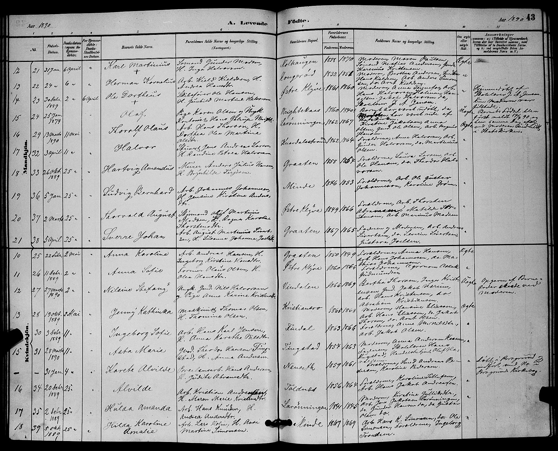 Solum kirkebøker, SAKO/A-306/G/Ga/L0007: Parish register (copy) no. I 7, 1884-1898, p. 43