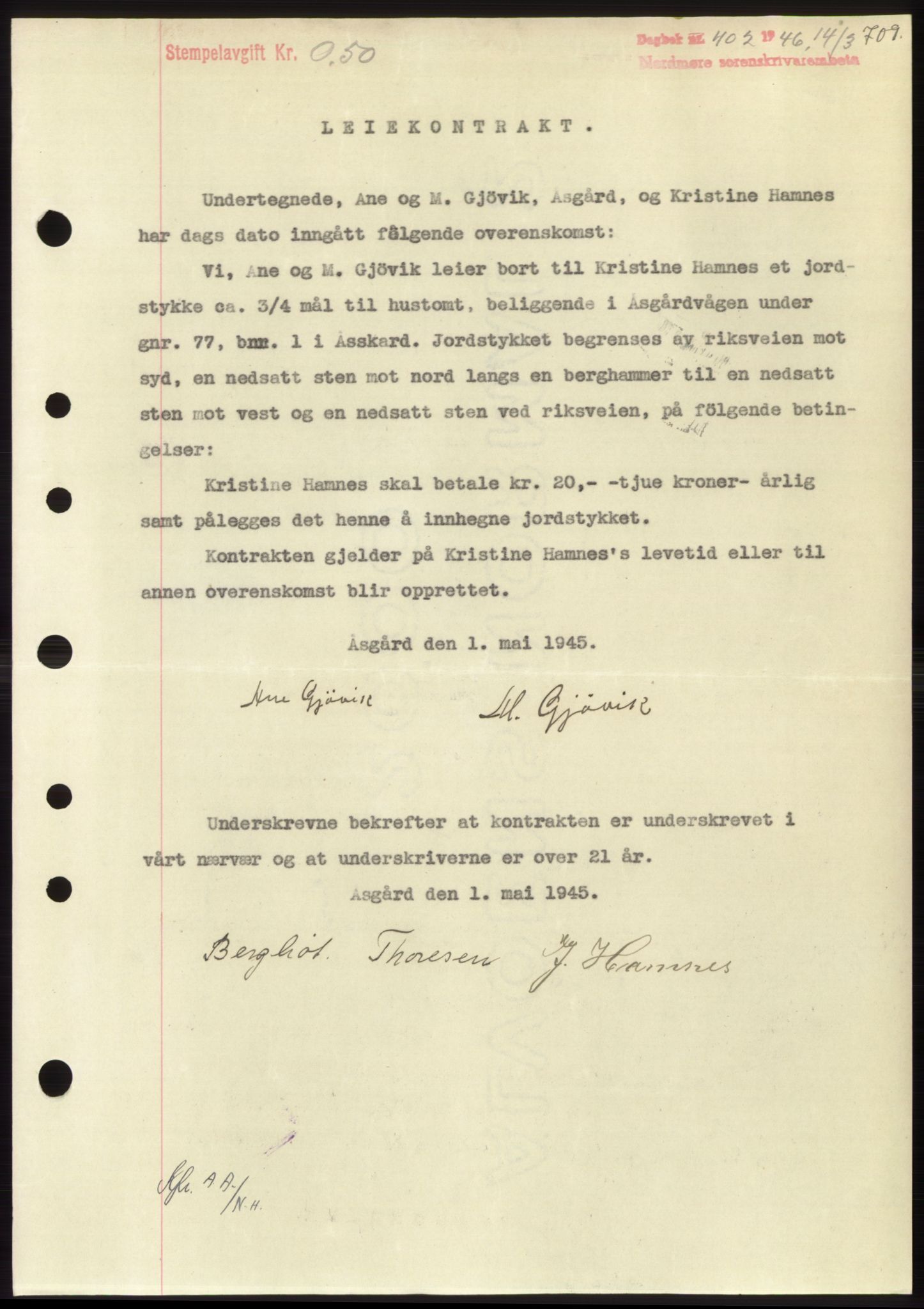Nordmøre sorenskriveri, AV/SAT-A-4132/1/2/2Ca: Mortgage book no. B93b, 1946-1946, Diary no: : 402/1946