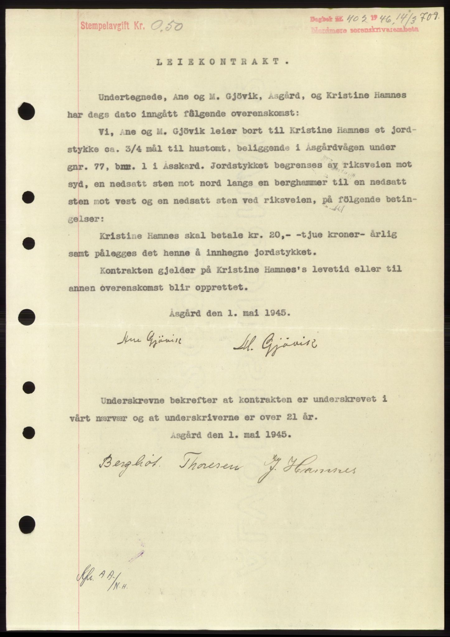 Nordmøre sorenskriveri, AV/SAT-A-4132/1/2/2Ca: Mortgage book no. B93b, 1946-1946, Diary no: : 402/1946