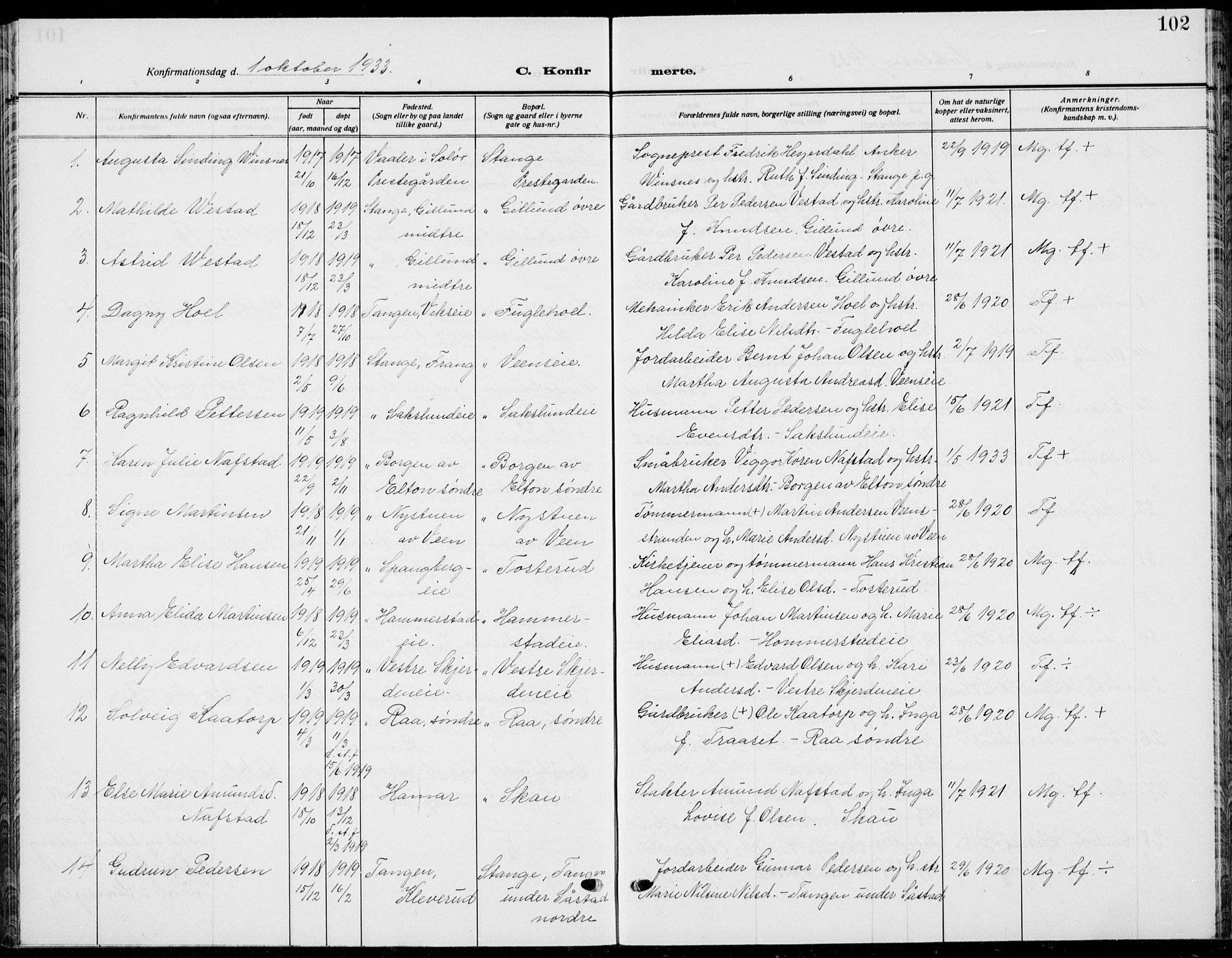 Stange prestekontor, AV/SAH-PREST-002/L/L0018: Parish register (copy) no. 18, 1929-1937, p. 102