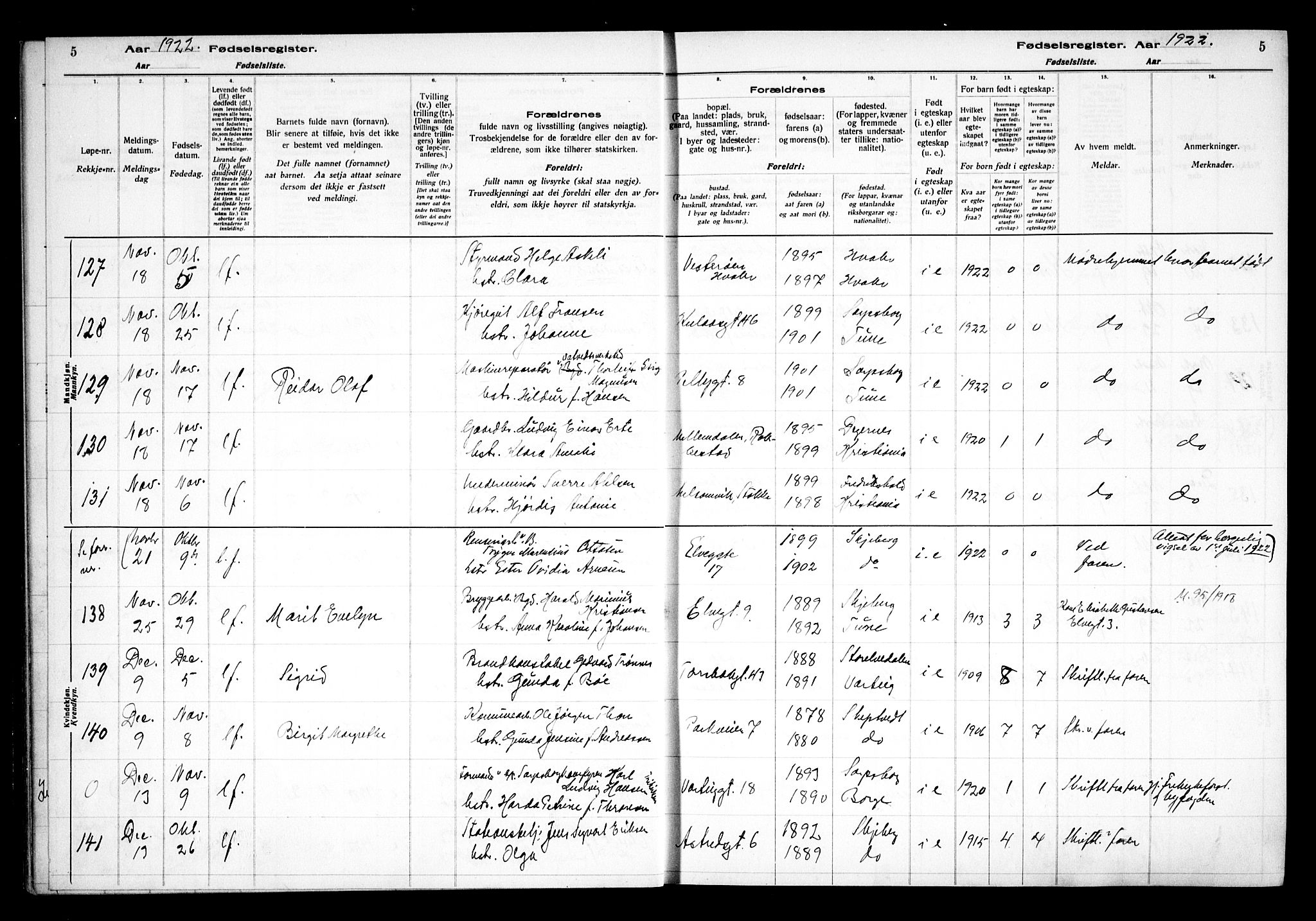 Sarpsborg prestekontor Kirkebøker, SAO/A-2006/J/Ja/L0002: Birth register no. 2, 1922-1928, p. 5