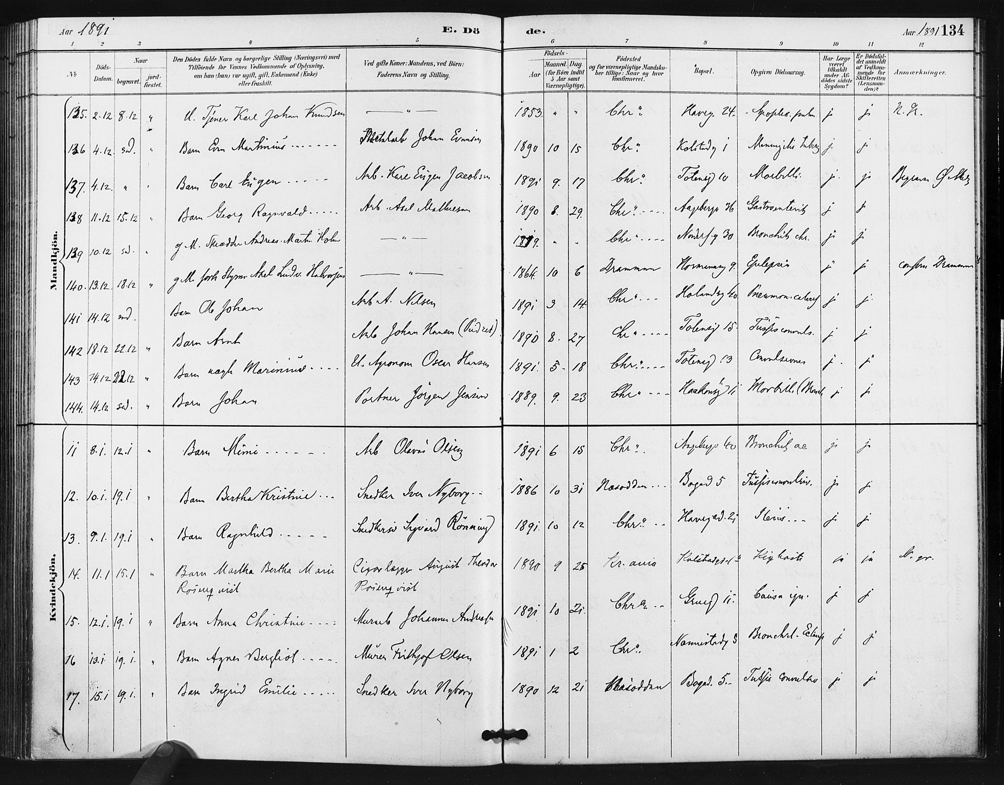 Kampen prestekontor Kirkebøker, AV/SAO-A-10853/F/Fa/L0006: Parish register (official) no. I 6, 1889-1896, p. 134