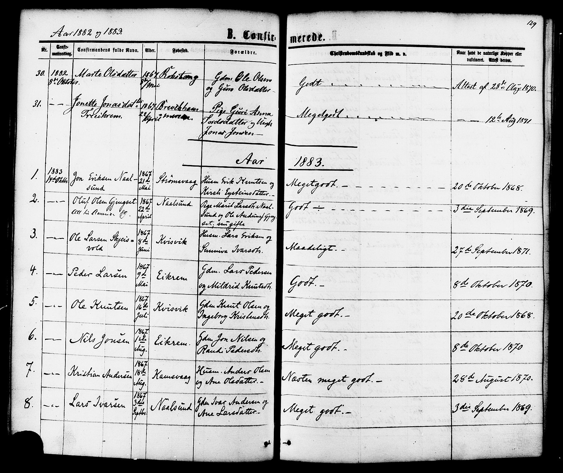 Ministerialprotokoller, klokkerbøker og fødselsregistre - Møre og Romsdal, AV/SAT-A-1454/587/L0999: Parish register (official) no. 587A01, 1864-1886, p. 129