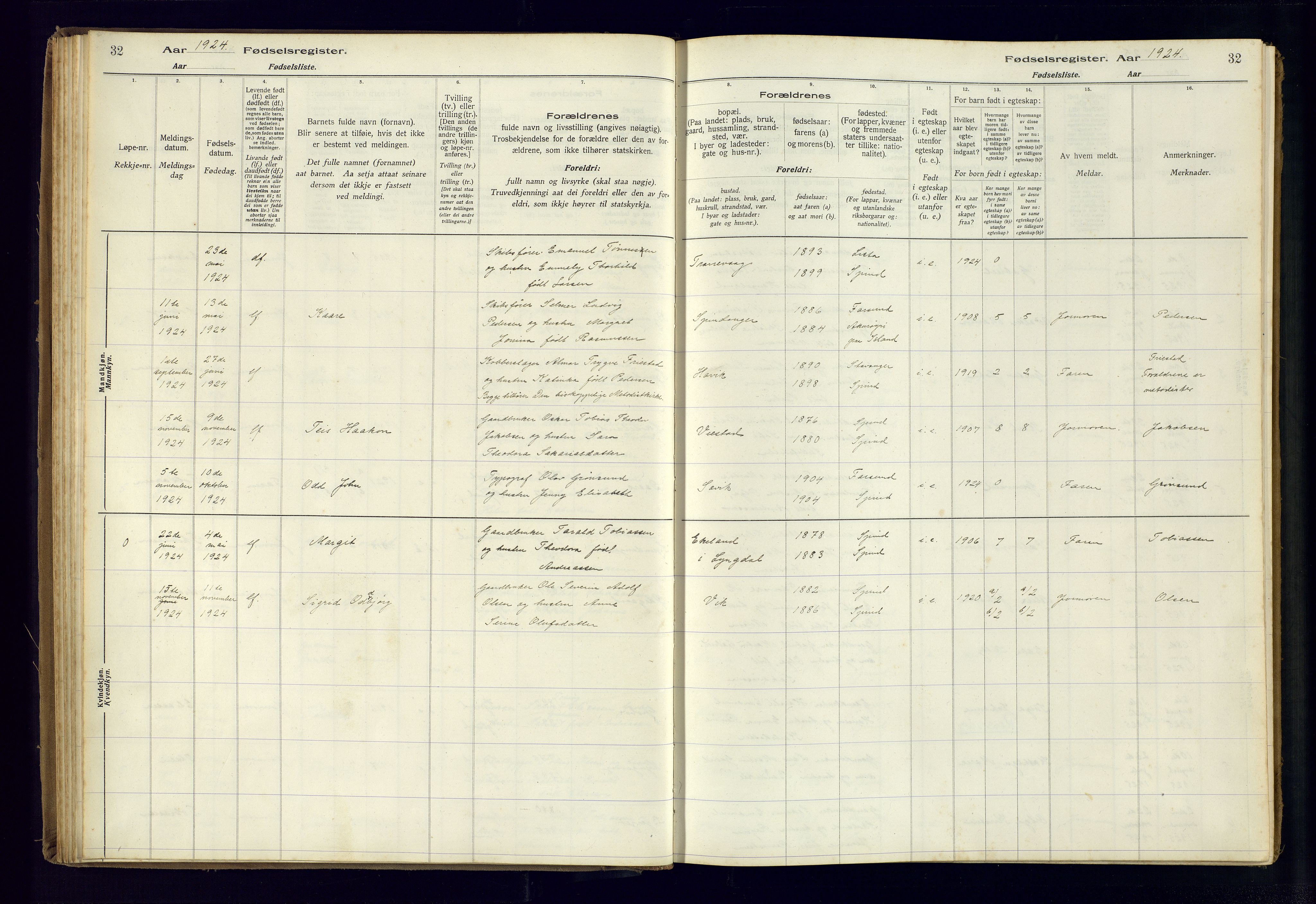 Farsund sokneprestkontor, SAK/1111-0009/J/Ja/L0004: Birth register no. A-VI-11, 1916-1982, p. 32